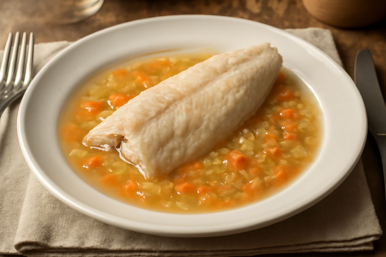 Tinca intera cotta in umido in una pentola di terracotta, circondata da cipolla bianca, carota arancione e sedano pallido, brodo chiaro con gocce di olio, prezzemolo fresco sparso sopra