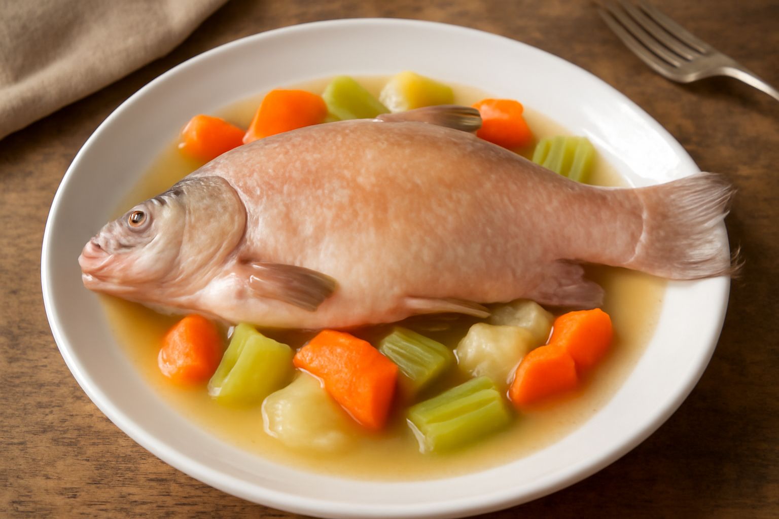 Tinca intera lessa su piatto bianco, contorno di verdure bollite tagliate a pezzi, brodo trasparente nel fondo, limone affettato ai lati, prezzemolo verde fresco