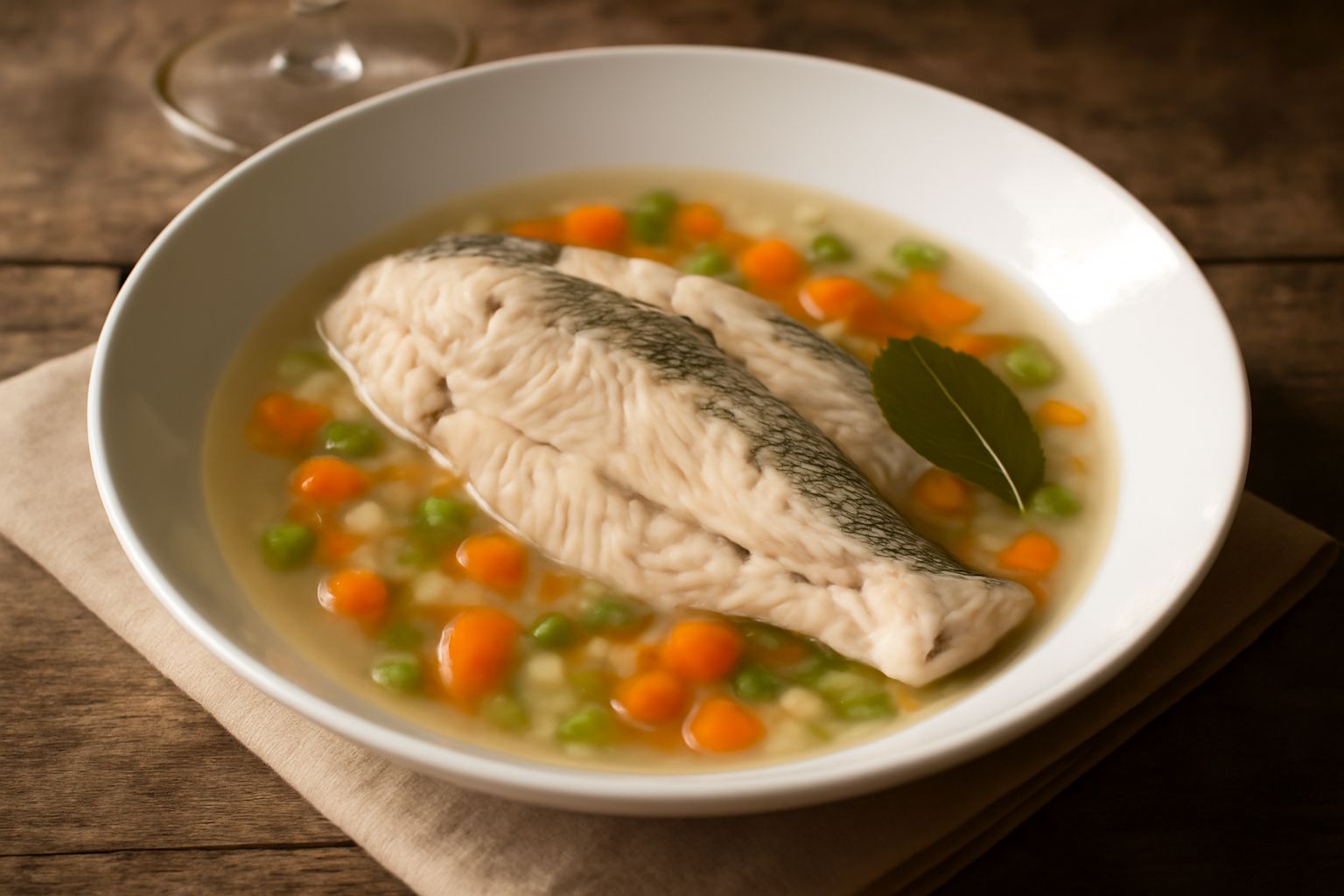 Tinca lessata bianca e grigia in brodo chiaro su piatto bianco, circondata da fette di limone, prezzemolo fresco e verdure morbide