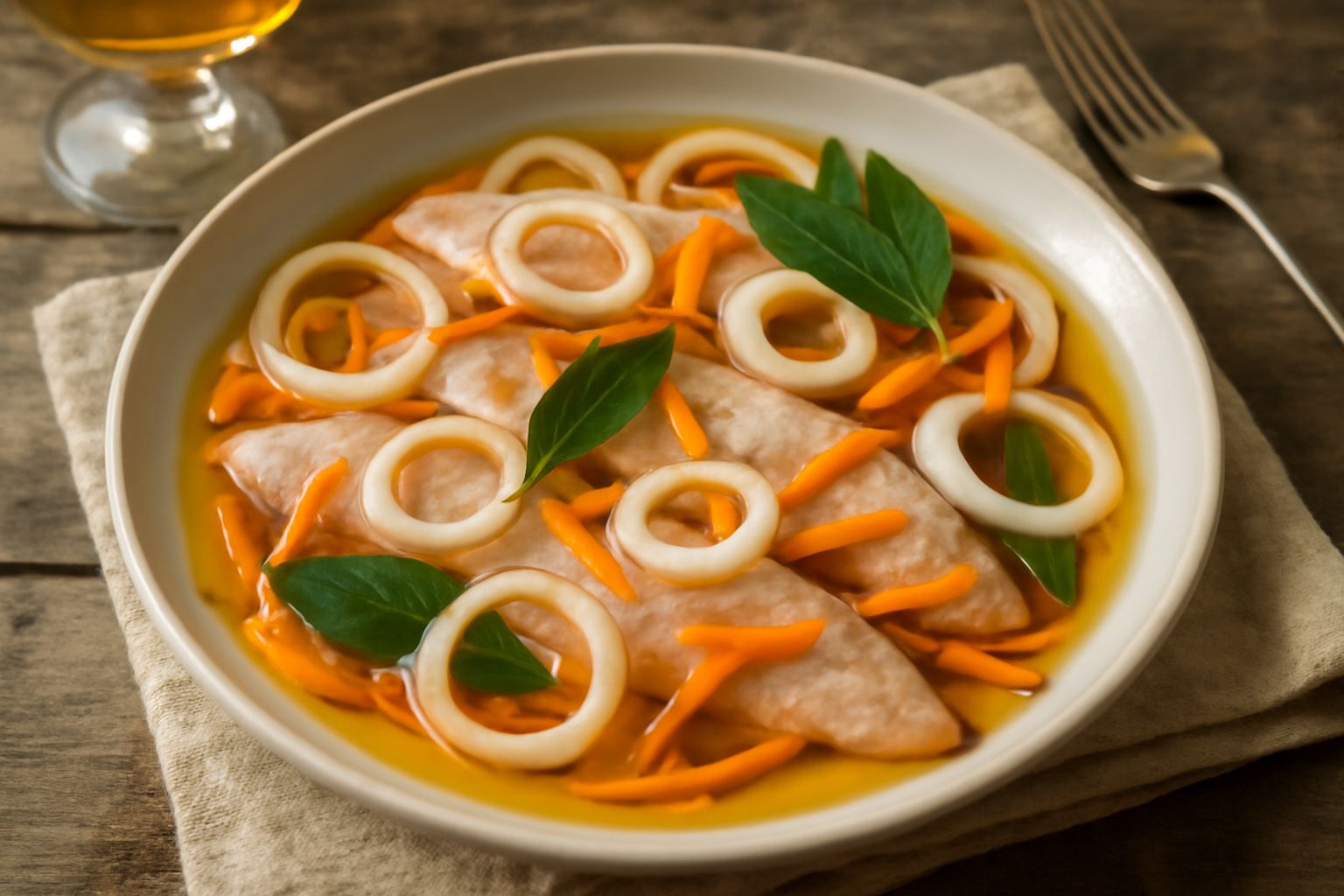 Filetti di tinca marinata in un piatto bianco, ricoperti di marinatura trasparente e aromatica, con carota a julienne, cipolla sottile e foglia di alloro in evidenza, contorno di aceto balsamico