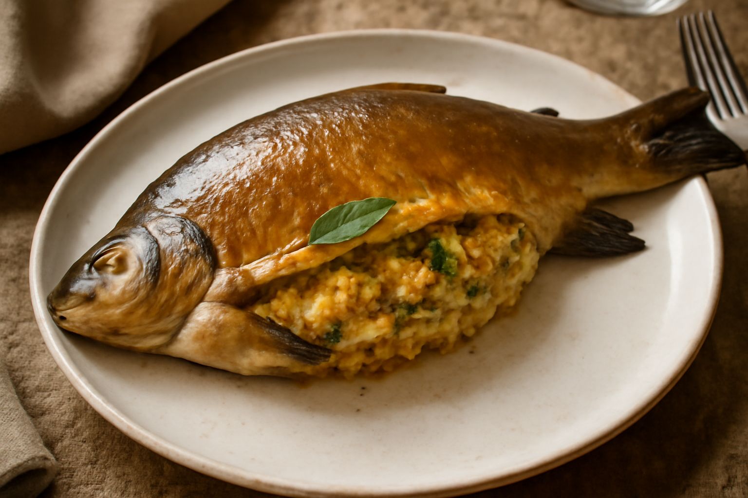 Tinca intera cotta al forno dorata, farcita all'interno, adagiata su un piatto bianco con contorno di verdure grigliate, servita calda con salvia fresca accanto