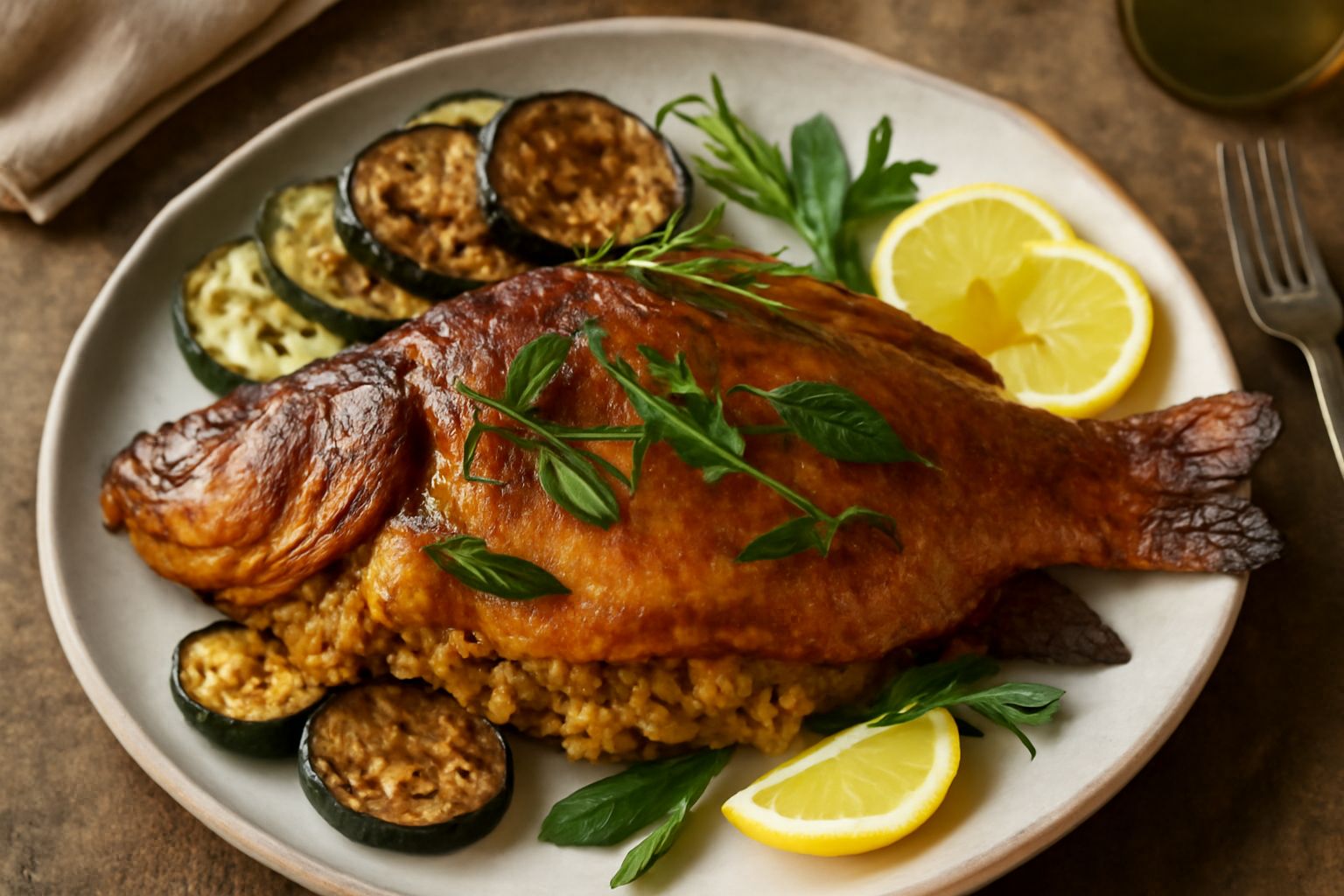 Tinca intera ripiena cotta al forno, dorata in superficie, presentata nel piatto con contorno di verdure grigliate e limone fresco, vapore appena visibile dalla cottura
