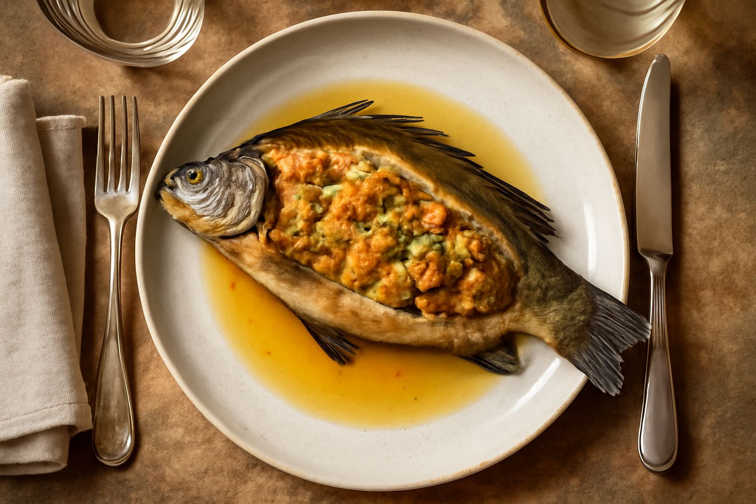 Tinca intera ripiena dorata nel piatto, contornata da umido di cottura, erbe verdi sulla superficie, sfondo di piatto bianco in porcellana