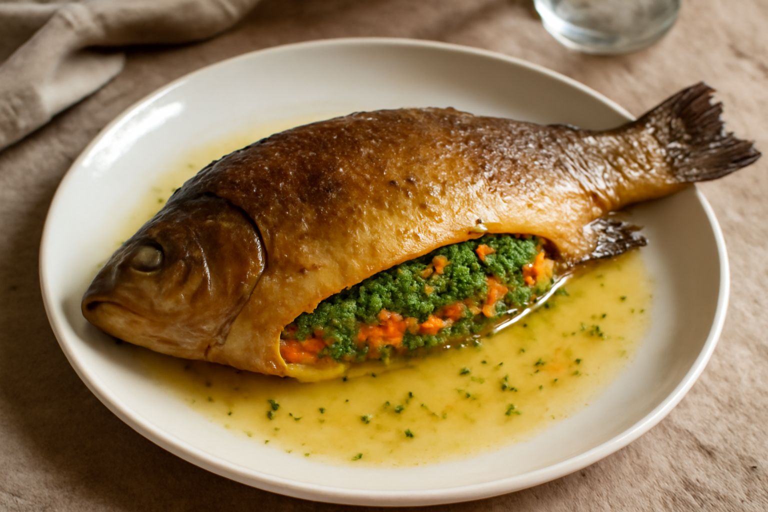 Tinca ripiena di verdure dorata al forno in un piatto bianco, contornata da verdure grigliate verdi e arancioni, guarnita di prezzemolo fresco