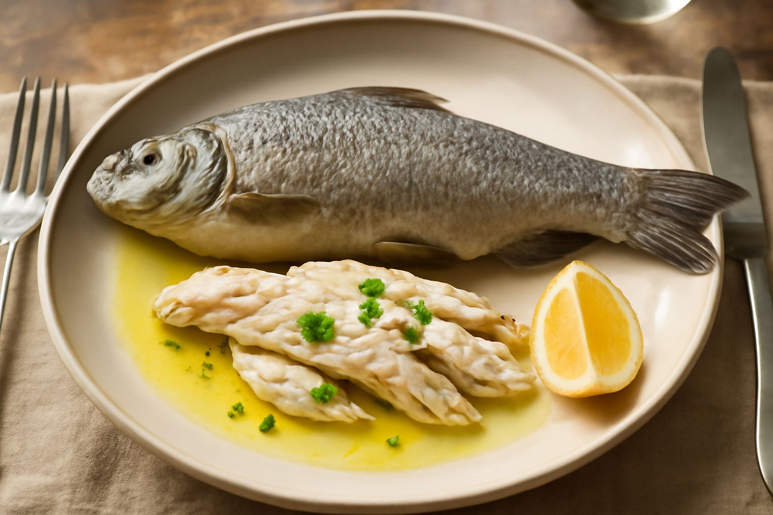 Tinca salata intera disposta in un piatto bianco, con buccia grigio-argentea, limone fresco a spicchi intorno, prezzemolo verde sminuzzato e olio d'oliva che lucida il pesce