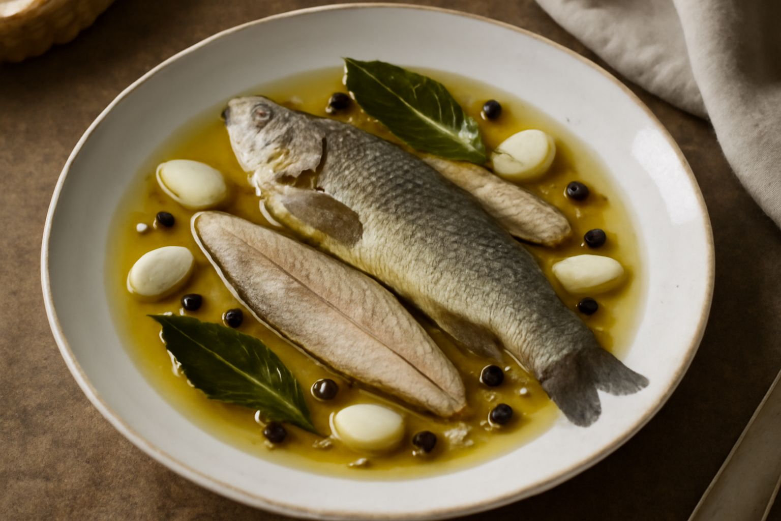 Vasetto di vetro con tinca intera sott'olio, circondata da spicchi d'aglio bianco, bacche di pepe nere, alloro e altre spezie; l'olio è trasparente e la tinca visibile grigio-beige con pelle lucida