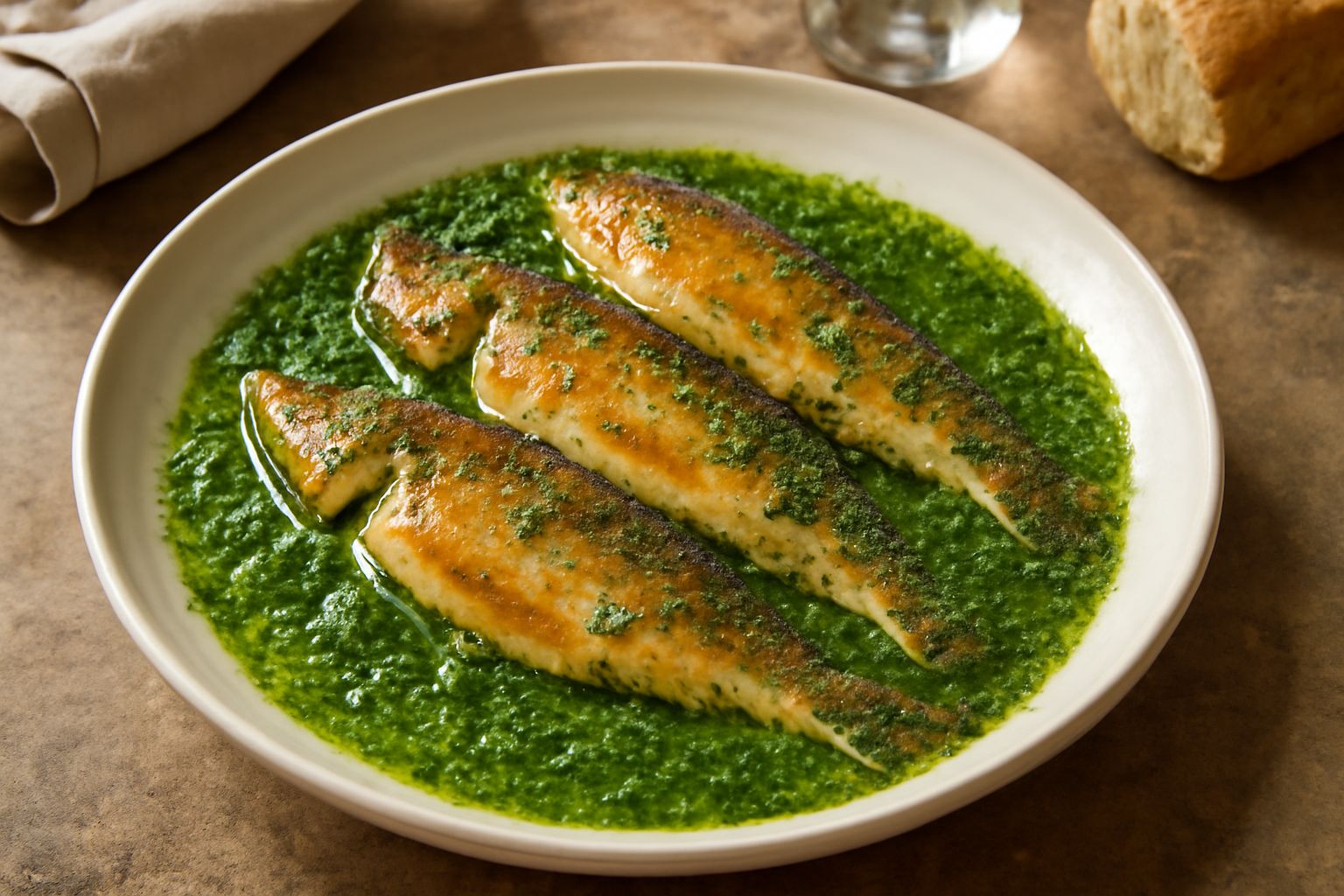 Tinche intere dorate in una pirofila da forno, circondate da prezzemolo fresco verde brillante e spicchi d'aglio, con olio che luccica in superficie
