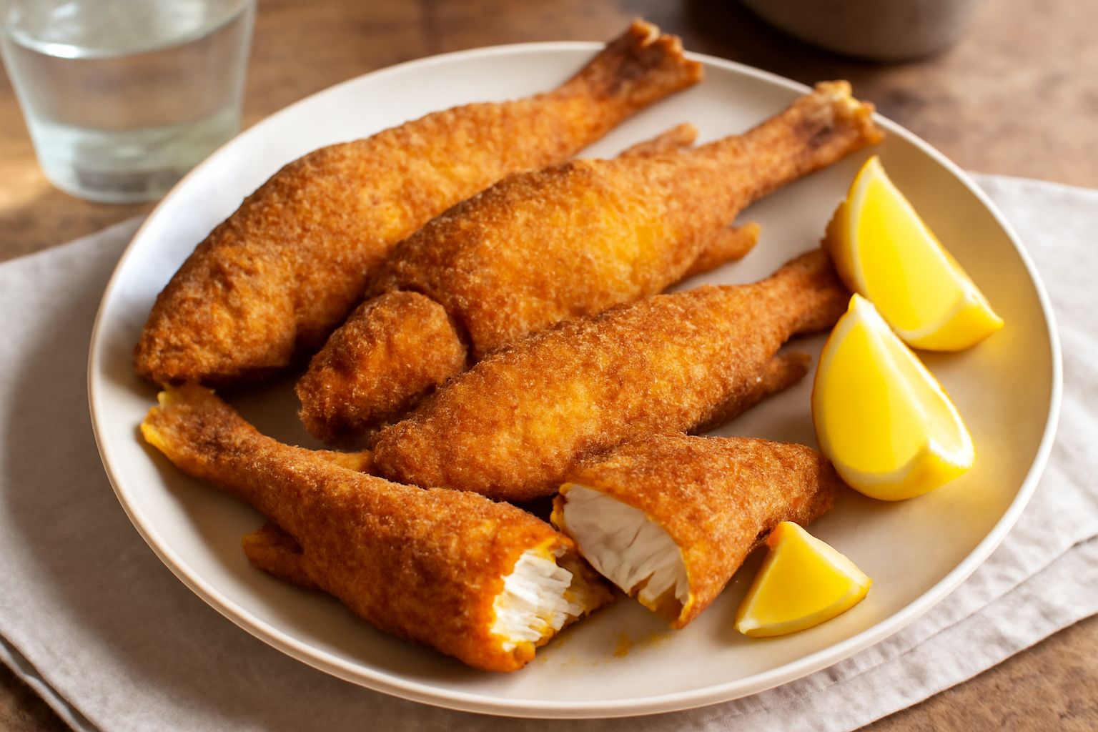 Tinche fritte dorate e croccanti appoggiate su carta assorbente bianca, cosparse di sale grosso, con limone fresco tagliato a spicchi e prezzemolo verde nel piatto