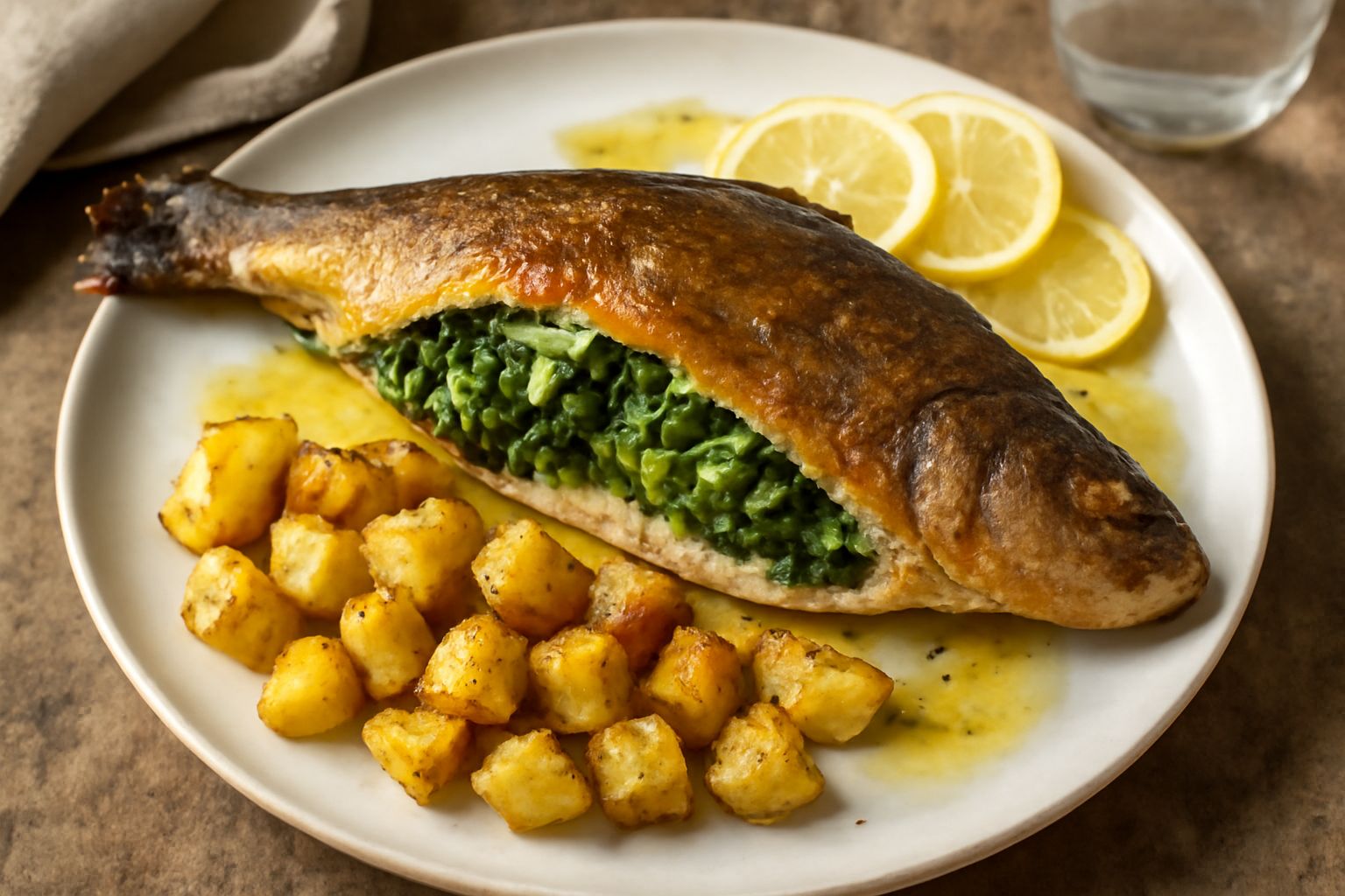 Due tinche ripiene dorate e cotte, appoggiate su un piatto bianco con contorno di verdure grigliate, prezzemolo fresco e limone a fette
