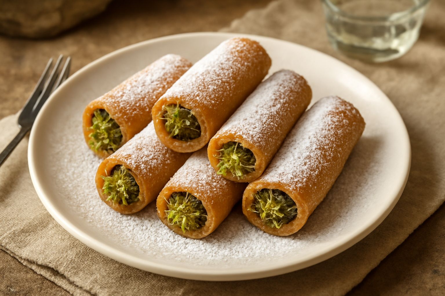 Tiraggirati dorati e croccanti disposti su un piatto bianco, ricoperti di zucchero a velo, con ripieno di pistacchio verde visibile dalla frattura, contorno di miele in un piccolo recipiente