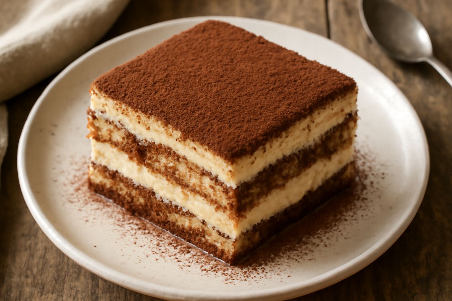 Tiramisù in piatto bianco, strati alternati di crema beige e biscotto marrone scuro, spolverato di cacao amaro in polvere, cucchiaio argentato di lato, fondo neutro chiaro