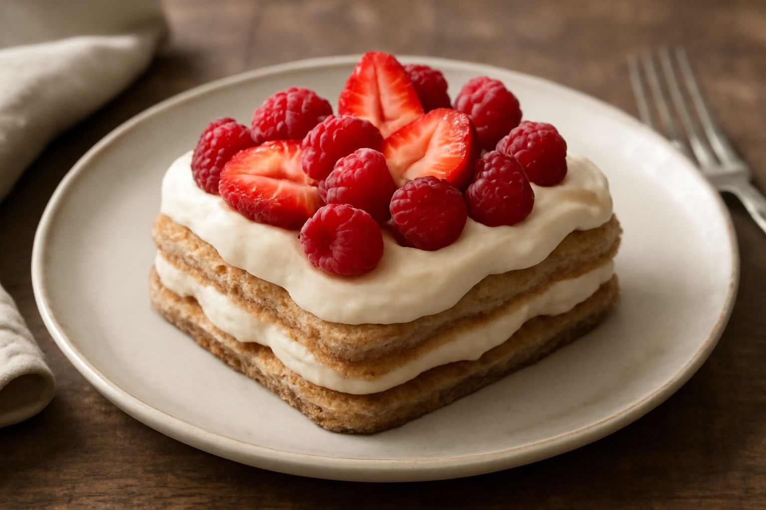 Tiramisù ai frutti in piatto bianco: strati alternati di crema mascarpone chiara e biscotti savoiardi inumiditi, coronato da fragole rosse tagliate, lamponi, mirtilli blu e qualche foglia di menta fre