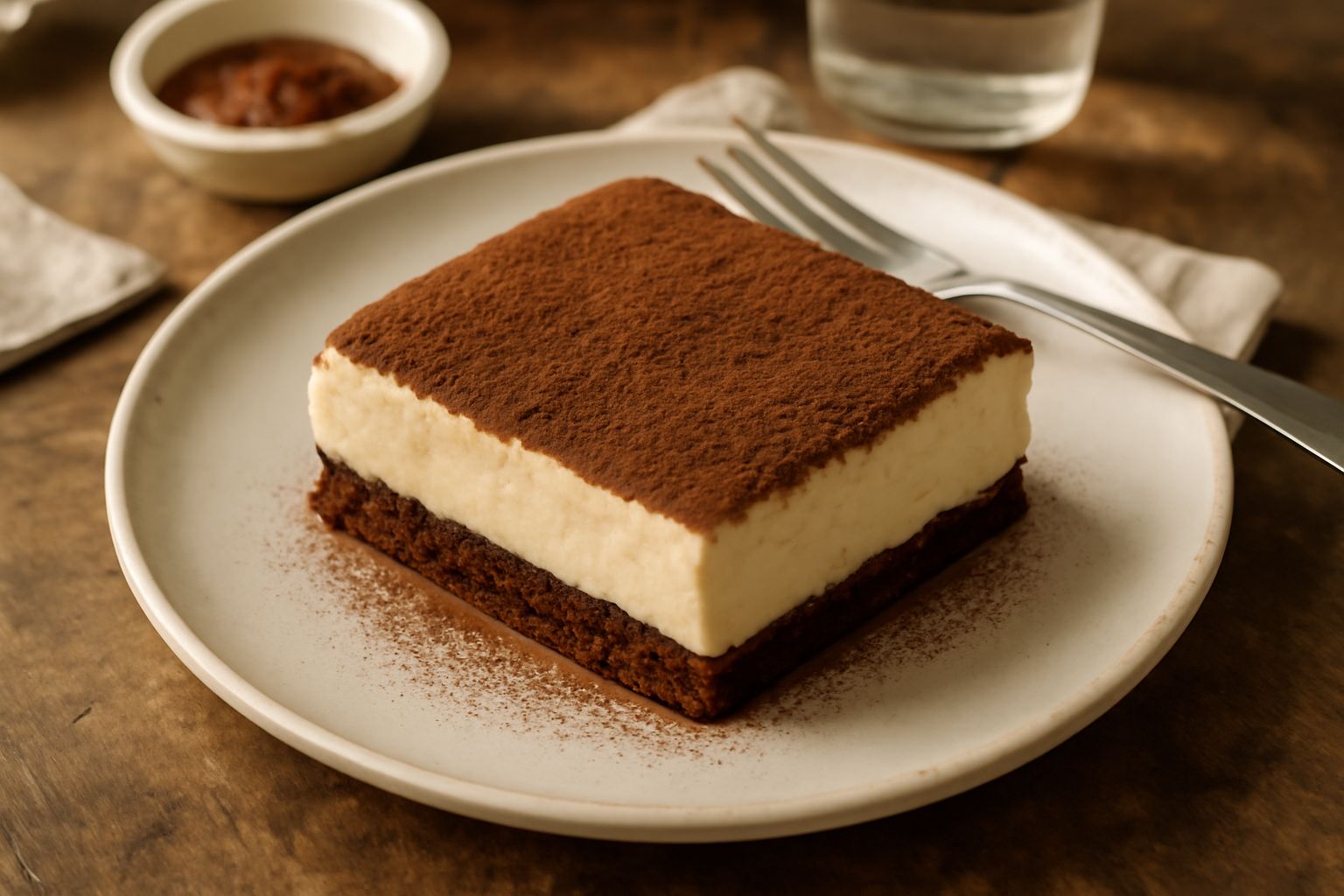 Tiramisu in un piatto fondo di porcellana bianca, strati visibili di crema beige e cacao scuro spolverato in superficie, cucchiaio d'argento posato sul bordo, sfondo neutro grigio