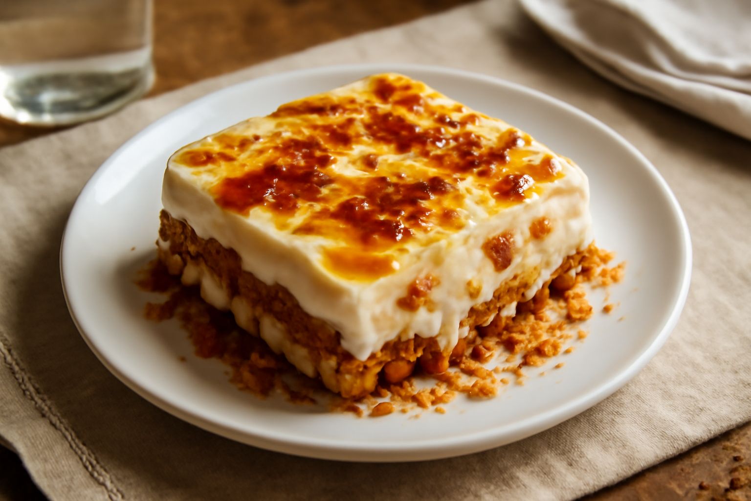 Tiramisu in piatto bianco con strati visibili di zabaione cremoso e ditalini inzuppati, guarnito con marmellata di amaretto e biscotti sbriciolati in superficie