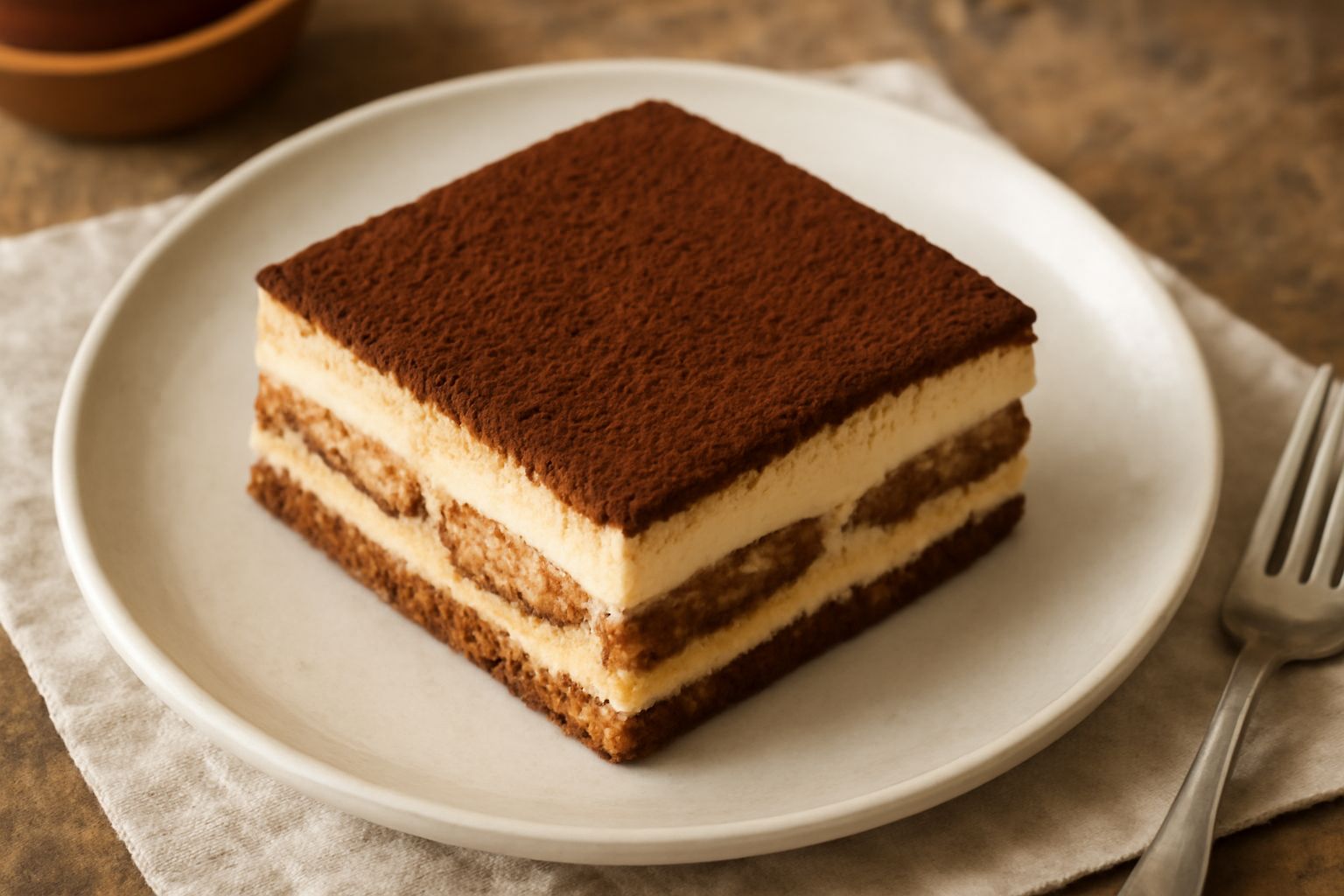 Un piatto di tiramisu barese tagliato a porzione, con strati alternati di crema bianca e savoiardi bagnati di caffè, spolverato di cacao amaro in polvere, in una coppetta di vetro trasparente su fondo