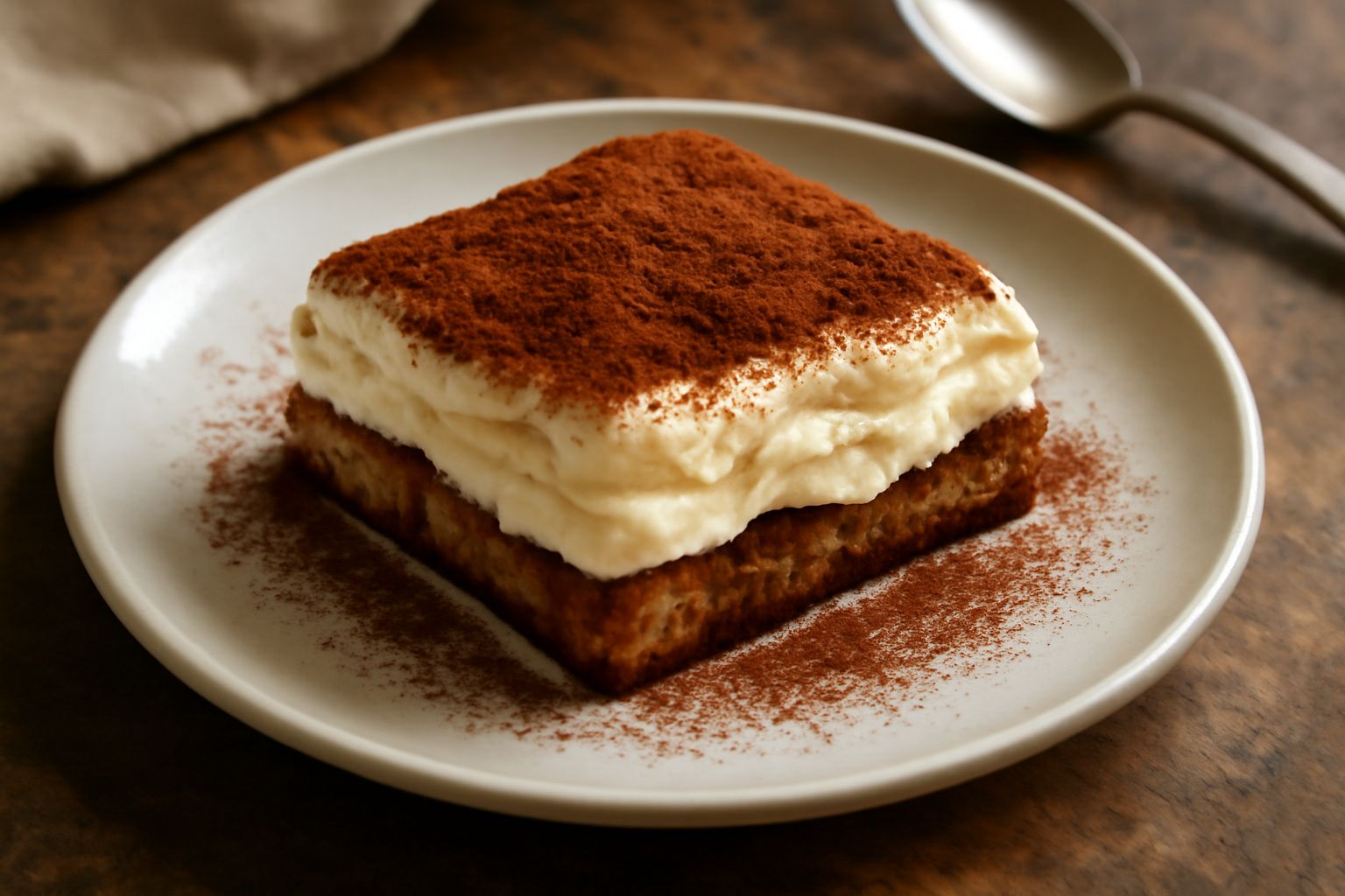 Tiramisu tagliato in porzione quadrata, strati ben definiti di crema chiara e savoiardi scuri, cacao in polvere marrone scuro in generosa spolverata in superficie, forchetta sul piatto bianco