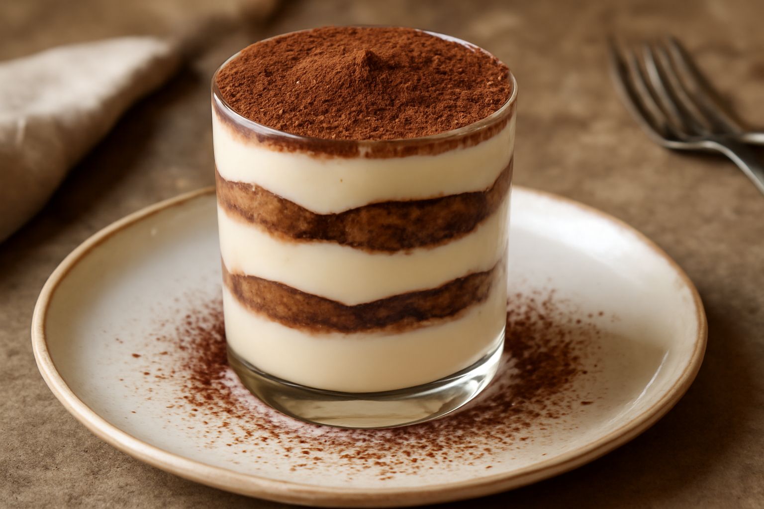 Tiramisu in bicchiere trasparente con strati visibili di crema bianca di mascarpone, savoiardi inzuppati nel caffè, e cacao in polvere spolverato sulla superficie, con un cucchiaio accanto