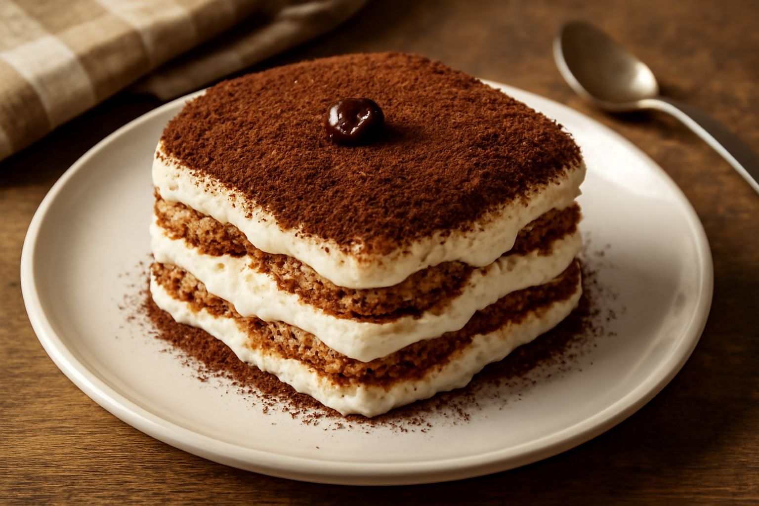 Tiramisu freddo in una coppetta di vetro: strati di mascarpone bianco crema, cacao scuro in polvere sulla superficie, caffè visibile nei savoiardi inumiditi, guarnizione di cacao amaro e chicco di caf
