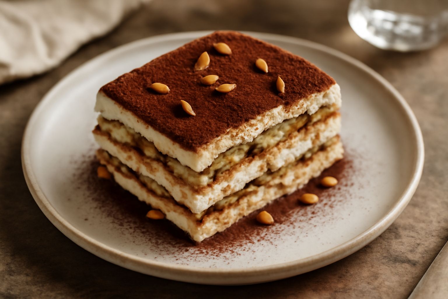 Tiramisù ligure in piatto bianco, strati di mascarpone cremoso alternati a biscotti savoiardi inzuppati, spolverato di cacao amaro, con pinoli tostati sparsi in superficie e una mandorla affogata nel 