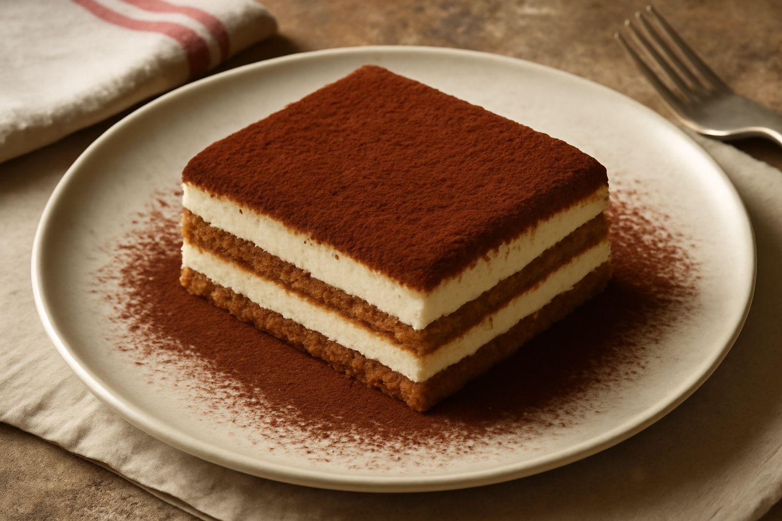 Tiramisu mantovano in piatto da dessert: strati beige di mascarpone e savoiardi coperti da abbondante cacao marrone scuro in polvere, con margine pulito e decorazione minima