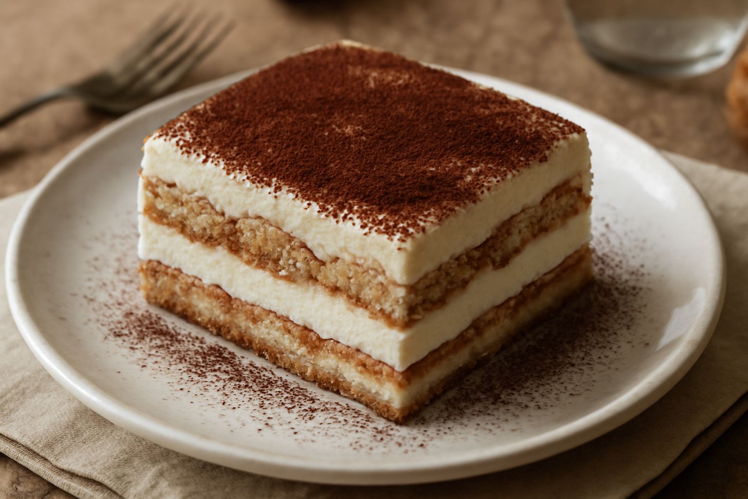 Tiramisu marchigiano servito in un piatto bianco fondo, strati visibili di crema bianca e biscotti dorati, spolverato di cacao marrone scuro, decorato con una fragola rossa sul bordo, in controluce na