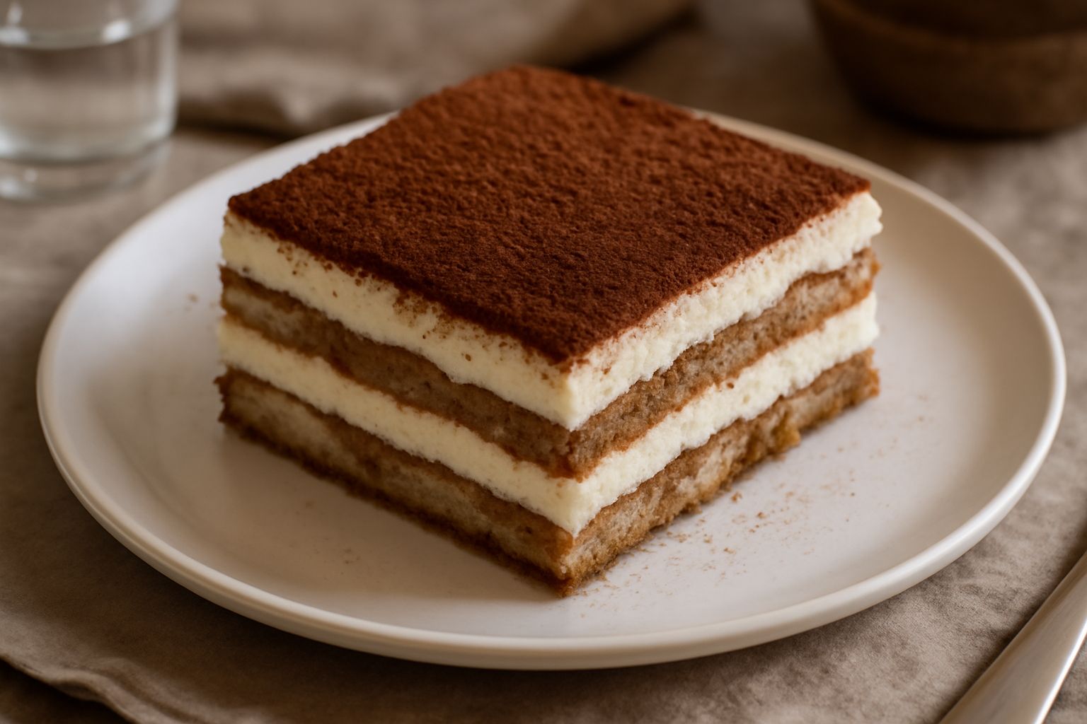 Tiramisu molisano in piatto bianco: strati di mascarpone cremoso alternati a biscotti inzuppati, spolverato di cacao scuro in polvere, con superficie liscia e marrone intenso
