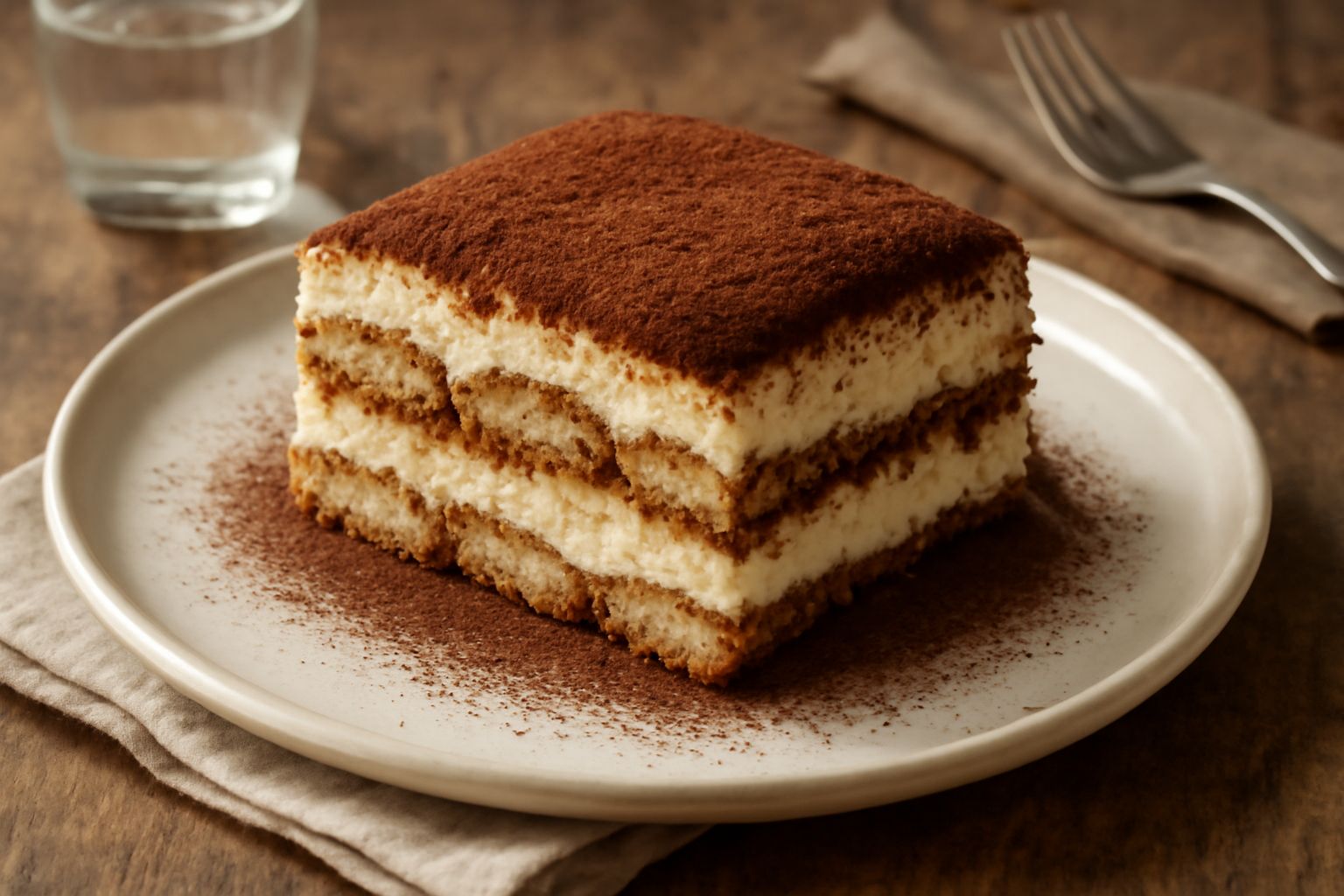 Tiramisu in piatto bianco, strati di mascarpone bianco e cacao marrone in polvere sulla superficie, biscotti savoiardi visibili tra i strati, su fondo di legno scuro con cucchiaino d'argento accanto