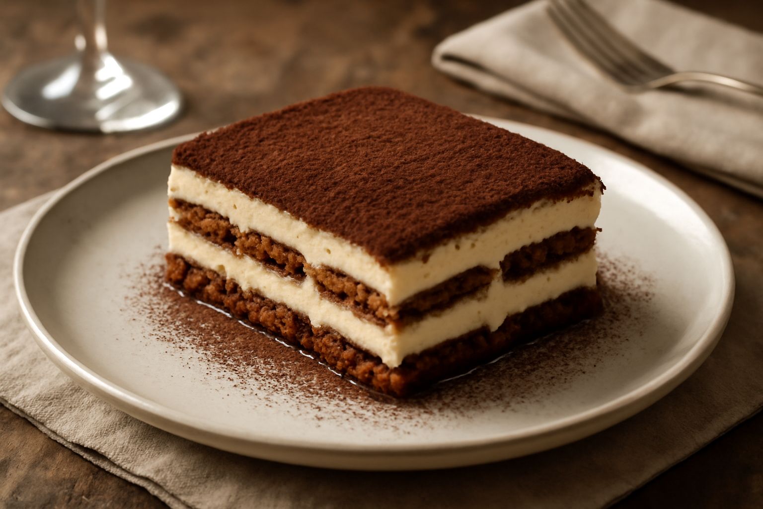 Tiramisu padovano in piatto, strati dorati di biscotti inzuppati al caffè alternati a crema di mascarpone bianca, spolverato di cacao amaro scuro in superficie, servito a temperatura fresca