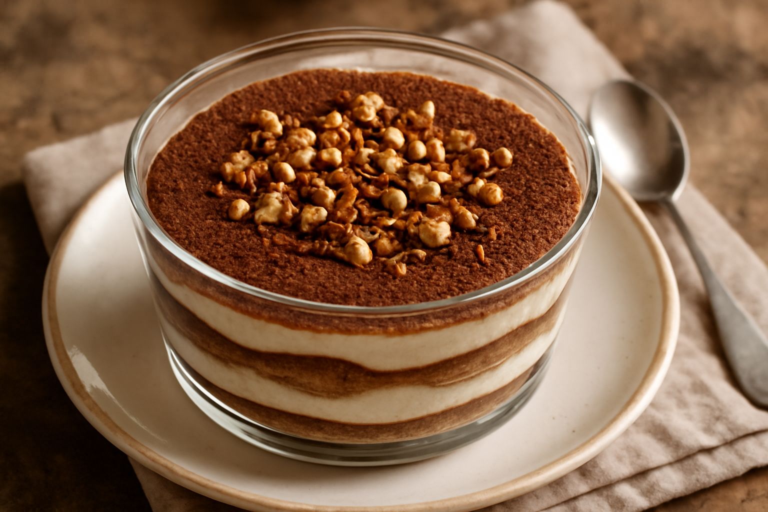 Tiramisu piemontese servito in una ciotola di vetro: strati alternati color crema e marrone, cosparso di nocciole tritate e una spolverata di cacao, una cucchiaiata all'interno del piatto che mostra l