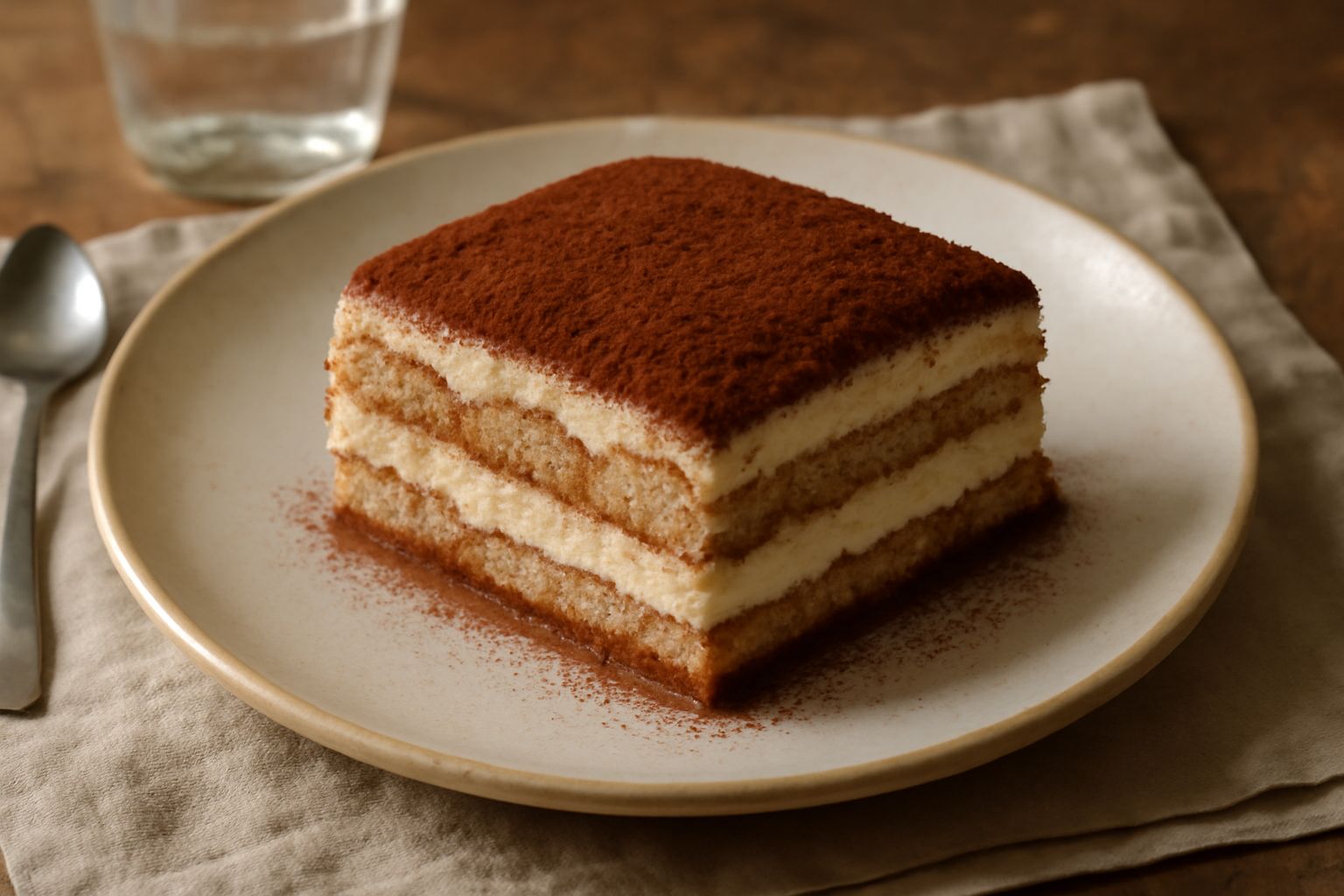 Tiramisu in piatto quadrato, strati di mascarpone cremoso color beige chiaro e biscotti savoiardi bagnati, superficie coperta da cacao amaro scuro in polvere, porzione quadrata con cucchiaio