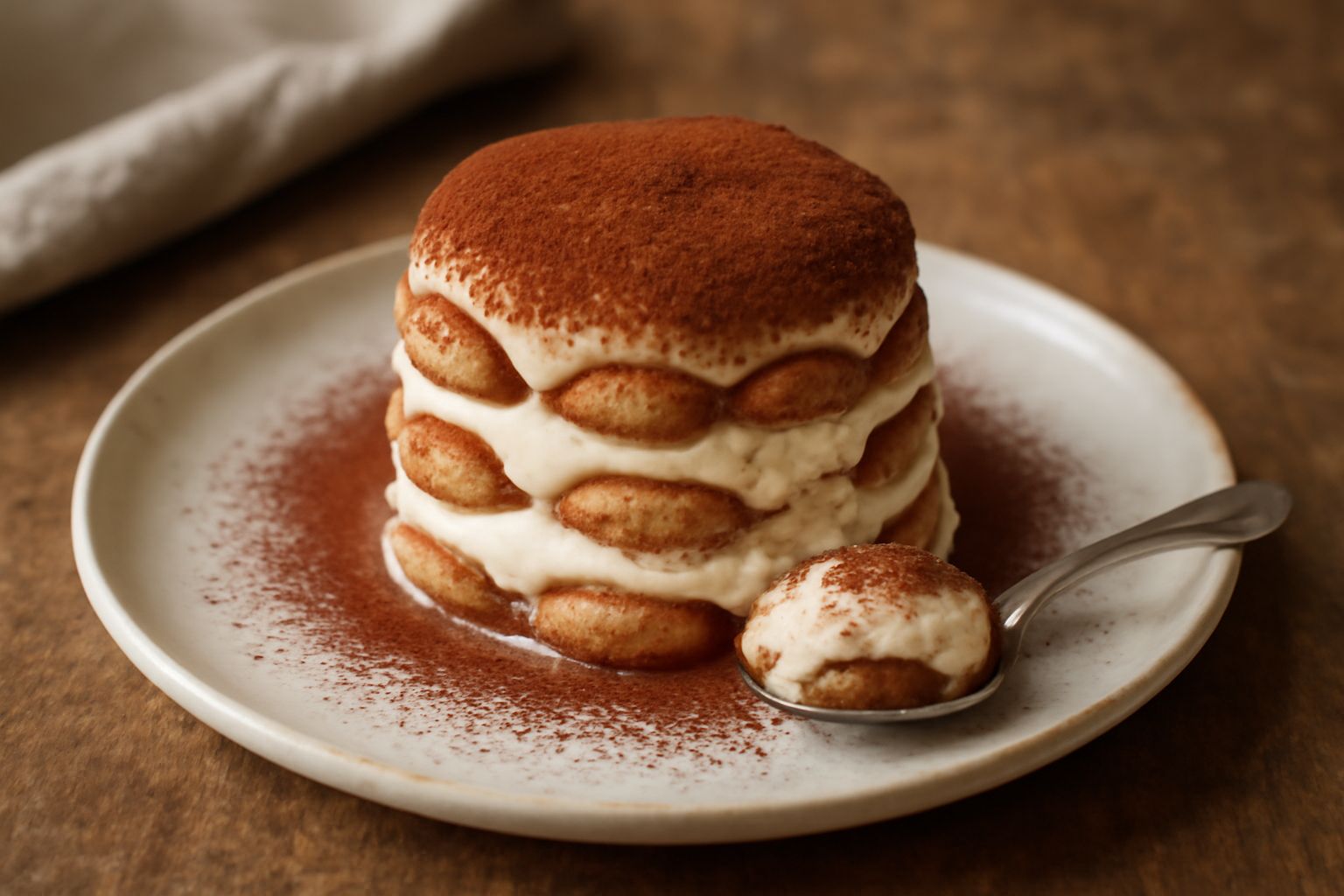 Tiramisu tagliato in porzione quadrata dentro una ciotola bianca, strati visibili di savoiardi inumiditi e crema mascarpone color panna, spolverato di cacao amaro scuro in superficie e sui bordi