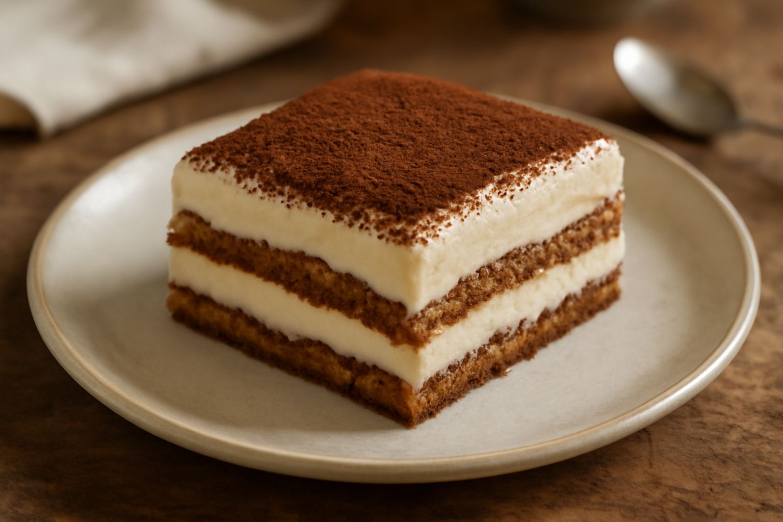 Tiramisu siciliano in piatto bianco, strati visibili di biscotto bagnato in caffè e crema di mascarpone color panna, ricoperto di cacao marrone scuro polverizzato, porzione singola con bordo netto