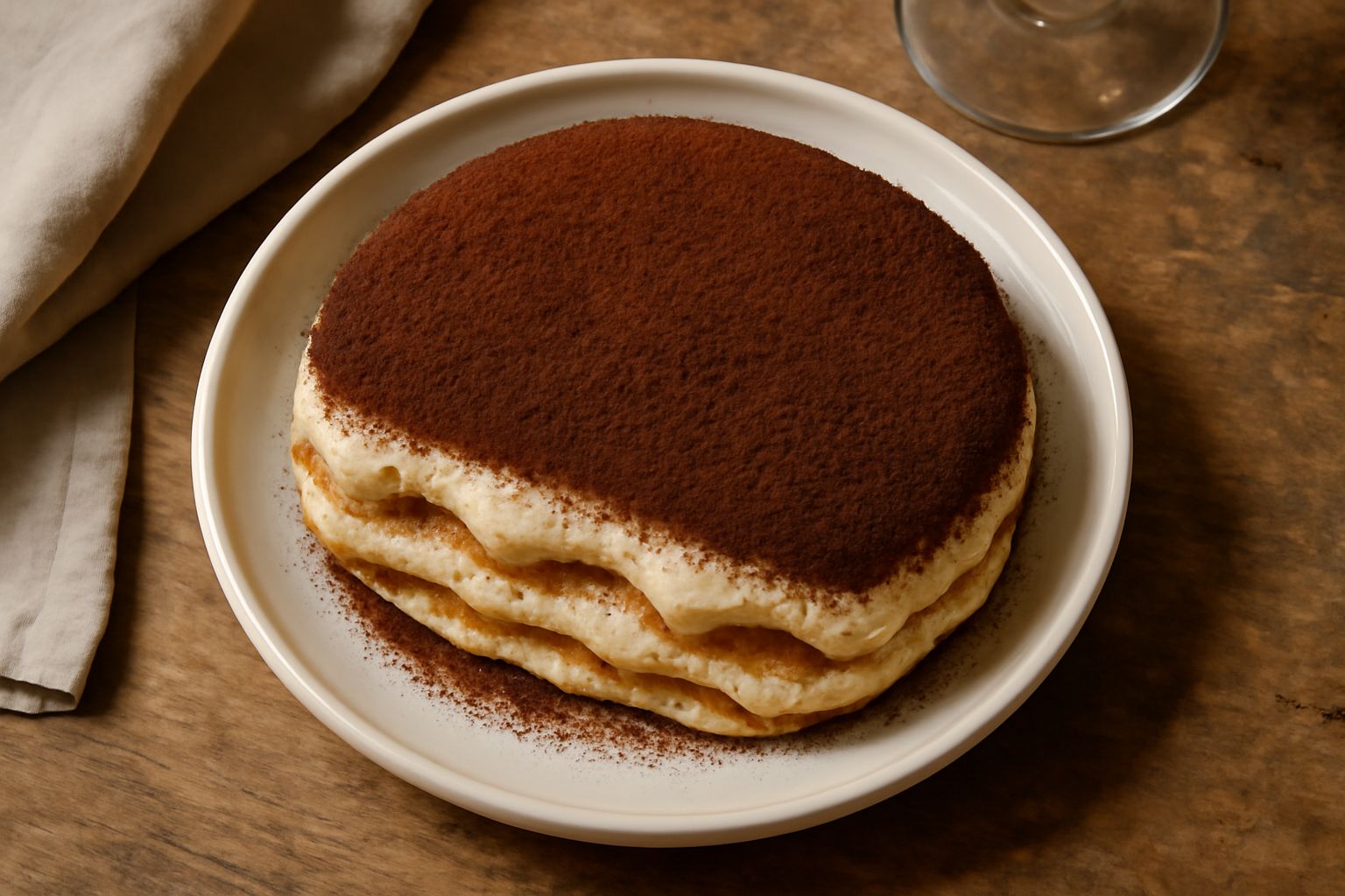 Tiramisu toscano in piatto bianco con strato superiore di cacao amaro scuro, bordi color caffè crema, biscotti savoiardi visibili nei layer, decorazione minimalista
