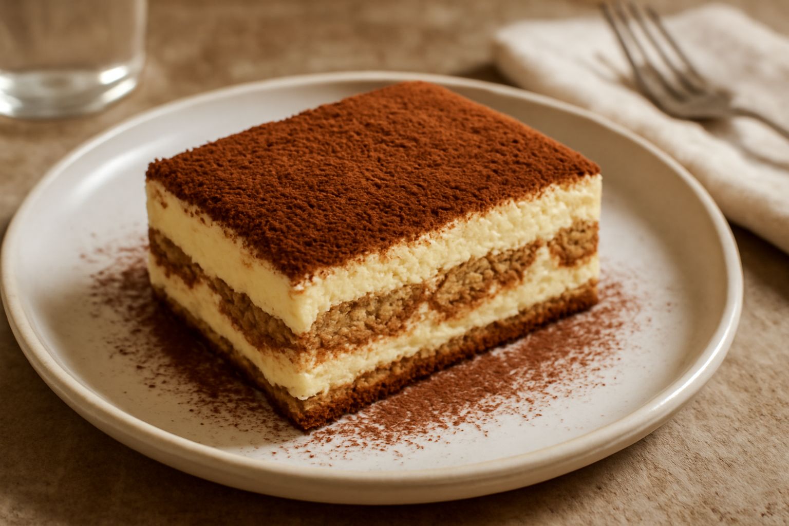 Tiramisu trentino in piatto bianco: strati alternati di biscotti caffè e crema beige chiaro, spolverato di cacao amaro scuro in polvere fine, con superficie vellutata e omogenea