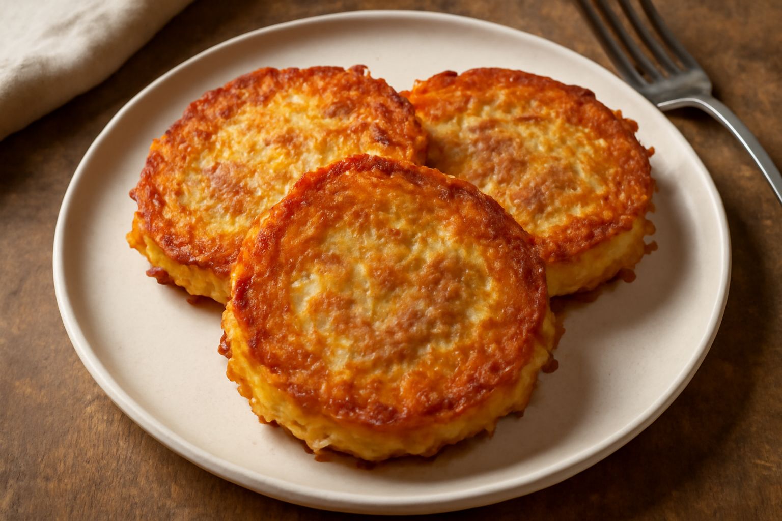 Tre frittelle dorate e croccanti di patata e carne, leggermente oleose, impilate su un piatto bianco, con una piccola porzione di verdure crude accanto e un cucchiaio in primo piano