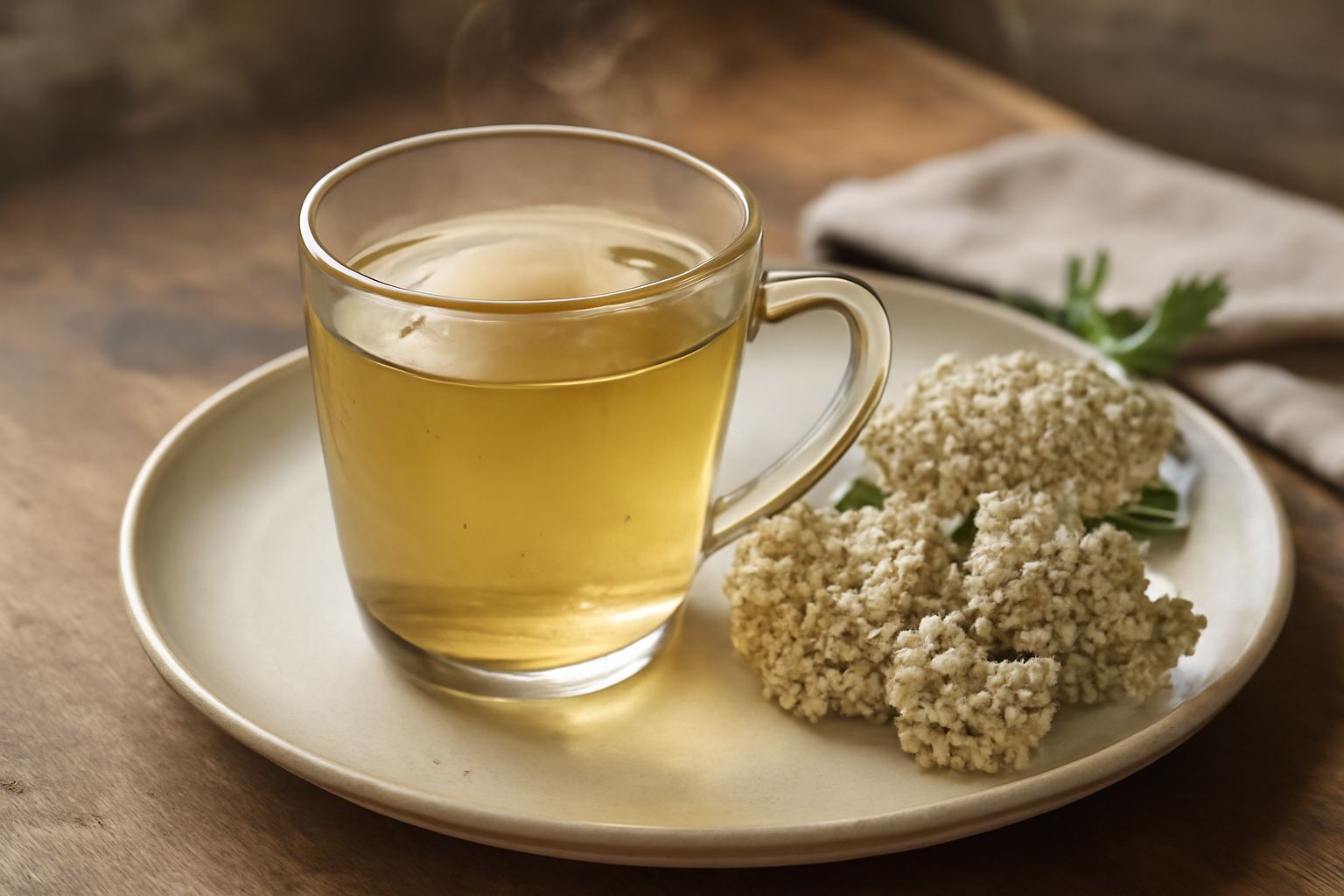 Tazza di tisana giallo oro con achillea montana fresca e fiori secchi accanto, servita su un piatto bianco con cucchiaino di legno e vista ravvicinata dei fiorellini gialli della pianta