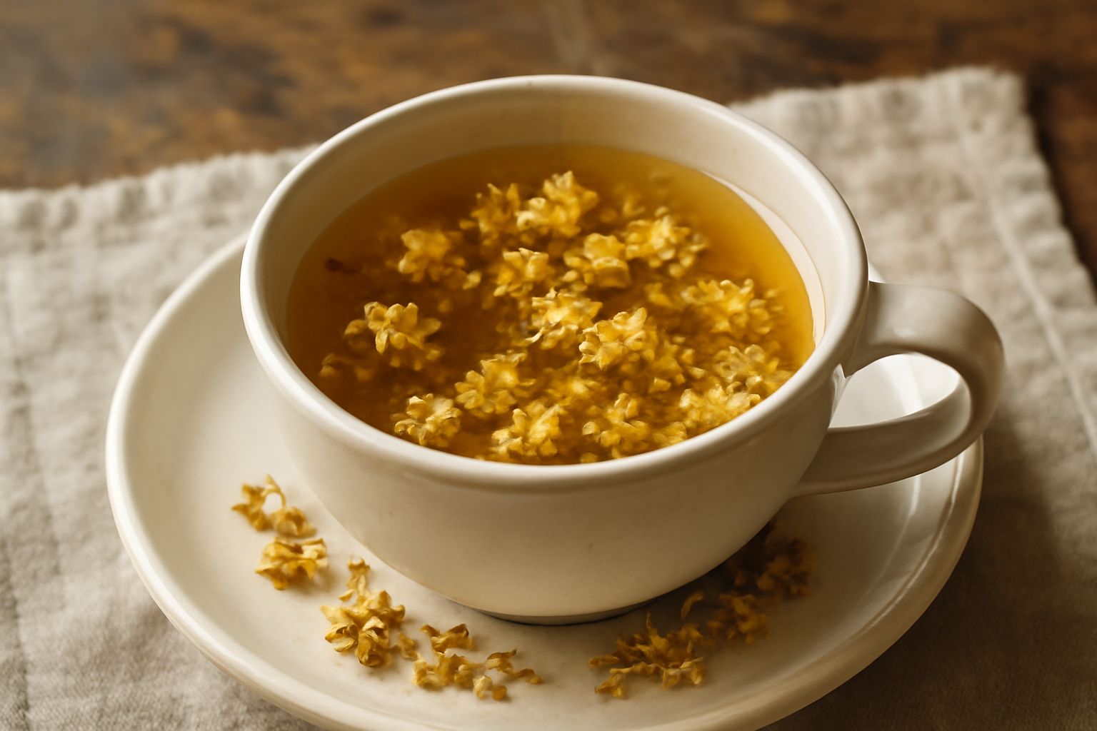 Una tazza bianca di ceramica riempita di tisana di camomilla dorata e trasparente, con fiori di camomilla secchi galleggianti in superficie, vapore leggero sulla tazza, piattino bianco con biscotto ac