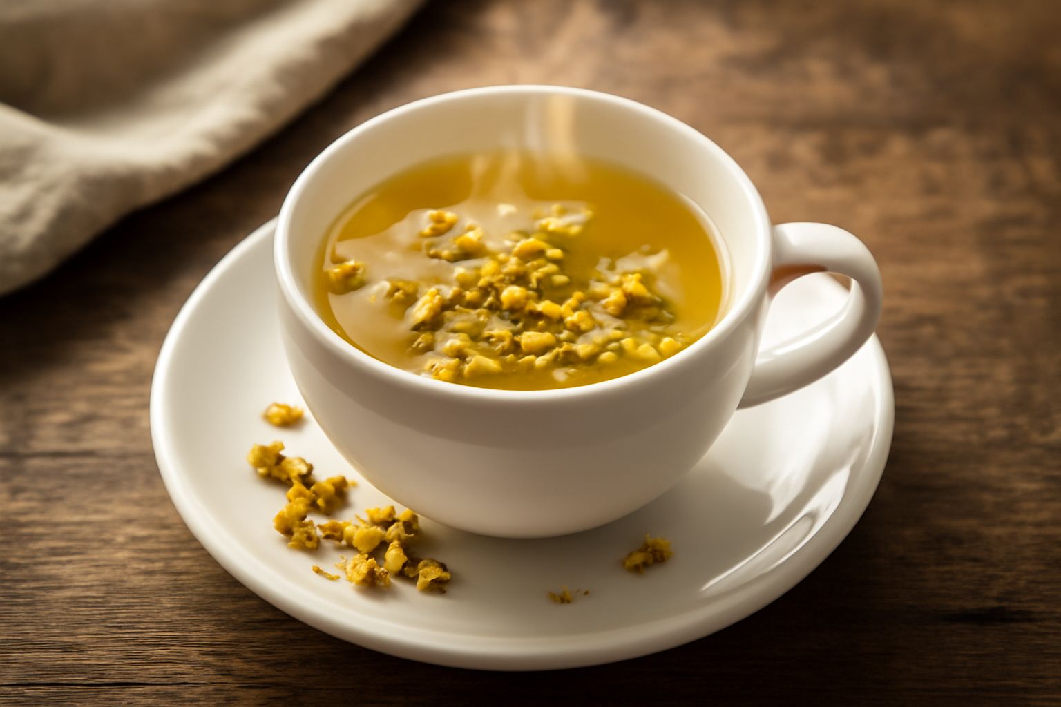 Tazza di ceramica bianca con tisana di camomilla alpina dal colore giallo dorato, con alcuni fiori secchi visibili sul fondo, accompagnata da un cucchiaio di miele sul piattino e fiori di camomilla fr