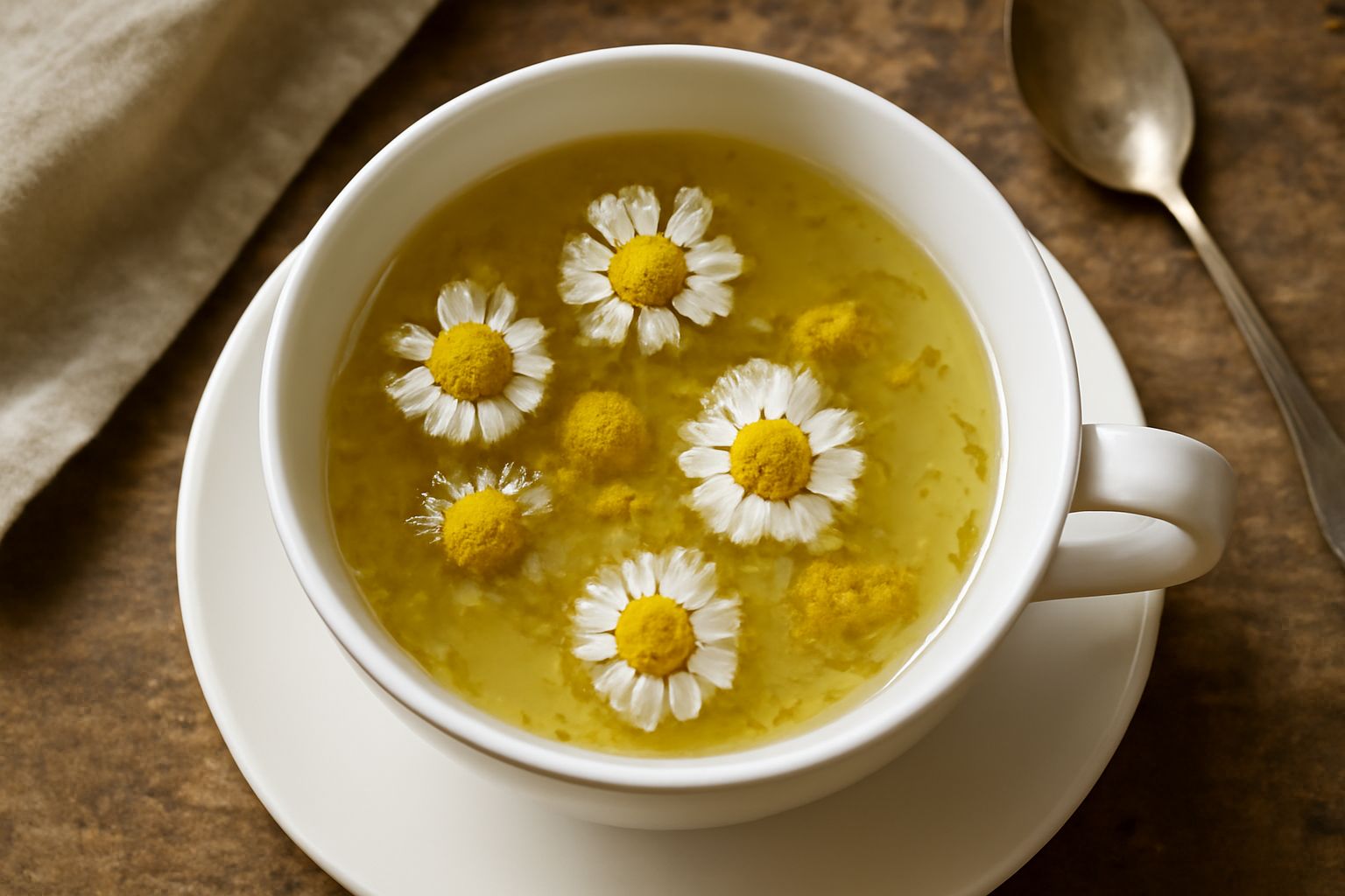 Tazza di vetro trasparente riempita di tisana color giallo chiaro con alcuni fiori di camomilla interi galleggianti, piattino bianco e fiori freschi accanto sulla superficie di marmo