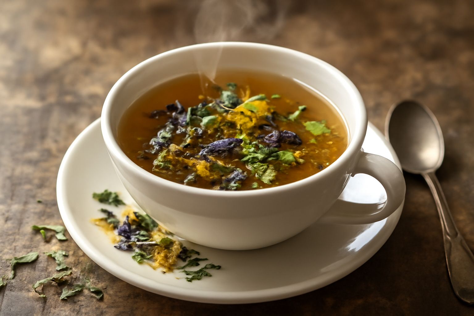 Tazza in ceramica bianca con tisana color ambrato fumante, contornata da erbe secche sparse: fiori gialli di arnica, foglie verde-grigio di salvia, rametti di timo su una tavola di legno naturale con 