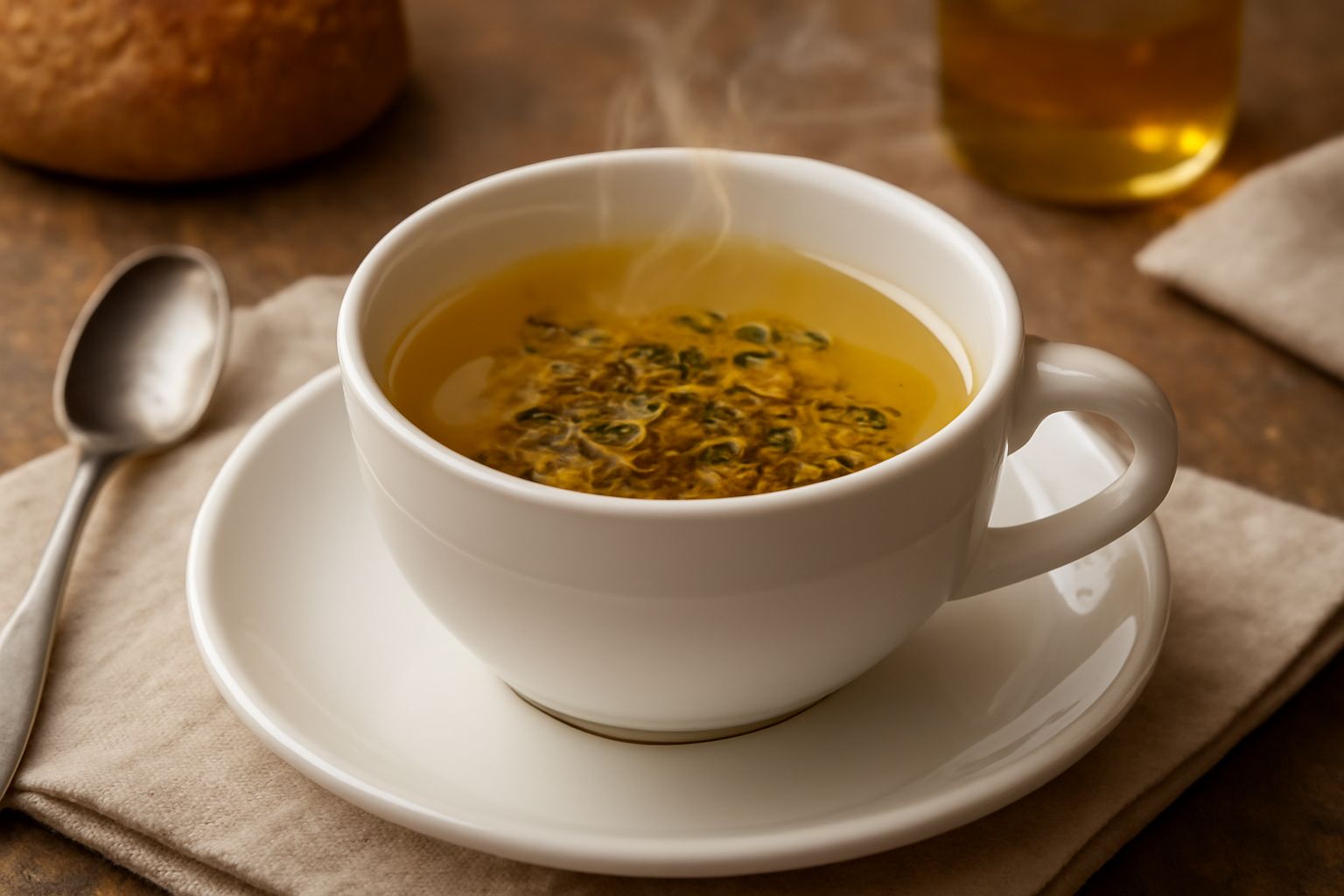 Una tazza di ceramica bianca riempita di tisana giallo-dorata con erbe essiccate visibili, circondata da rametti di timo, melissa e camomilla su un tavolo di legno.