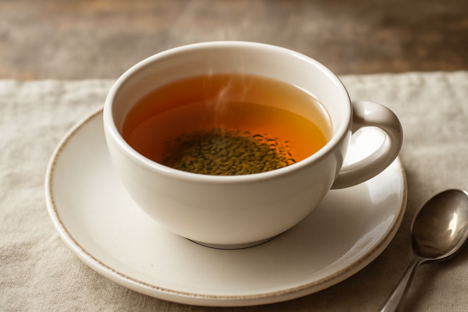 Tazza in ceramica bianca con tisana color ambrato chiaro, erbe secche visibili in infusione, vapore lieve, servita su tavolo di legno con rametti di timo fresco accanto