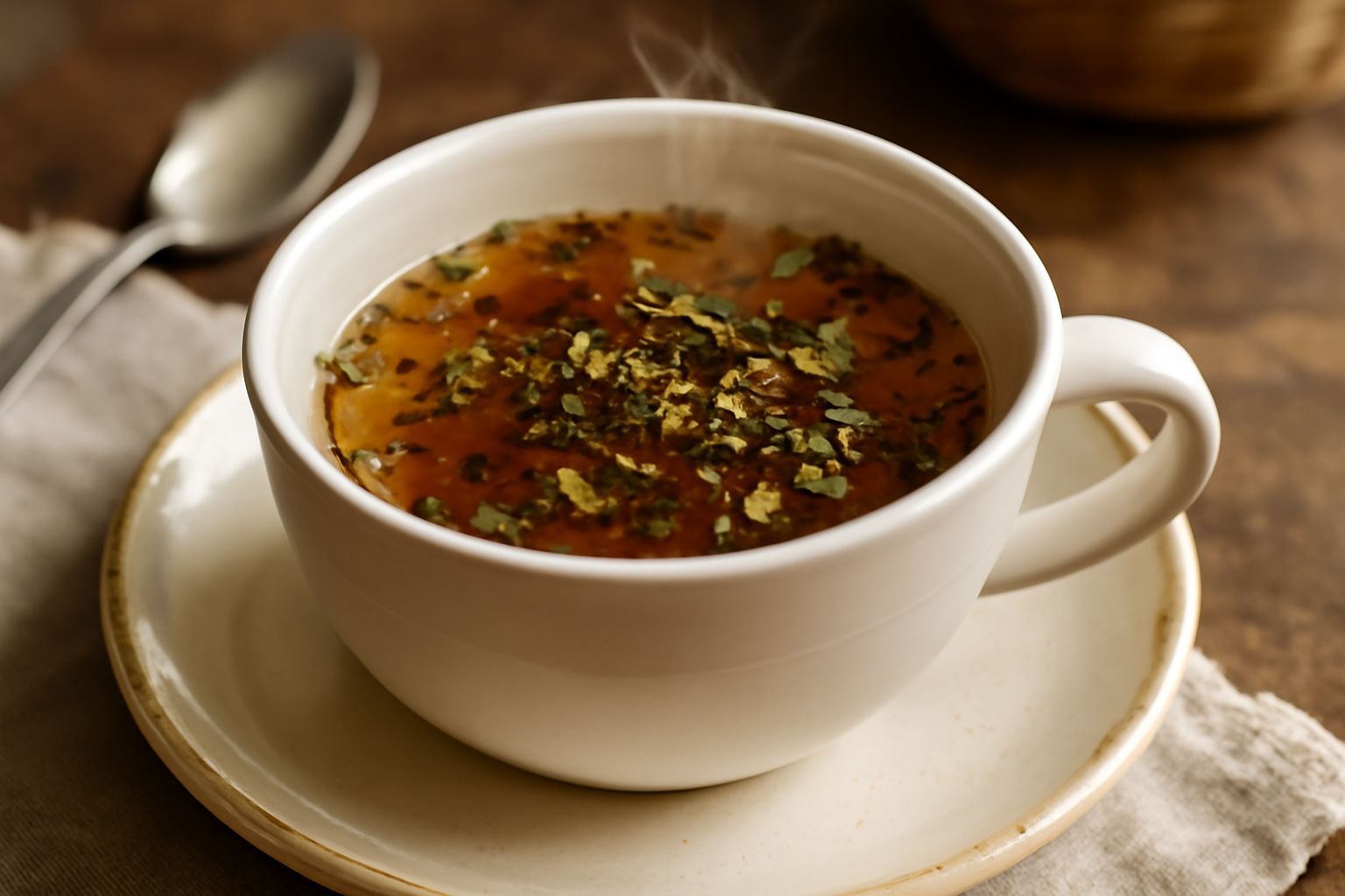 Una tazza in ceramica bianca con tisana ambrata e trasparente, guarnita con una foglia intera di malva verde sul bordo, vapore caldo che sale dalla tazza, sfondo neutro di lino bianco