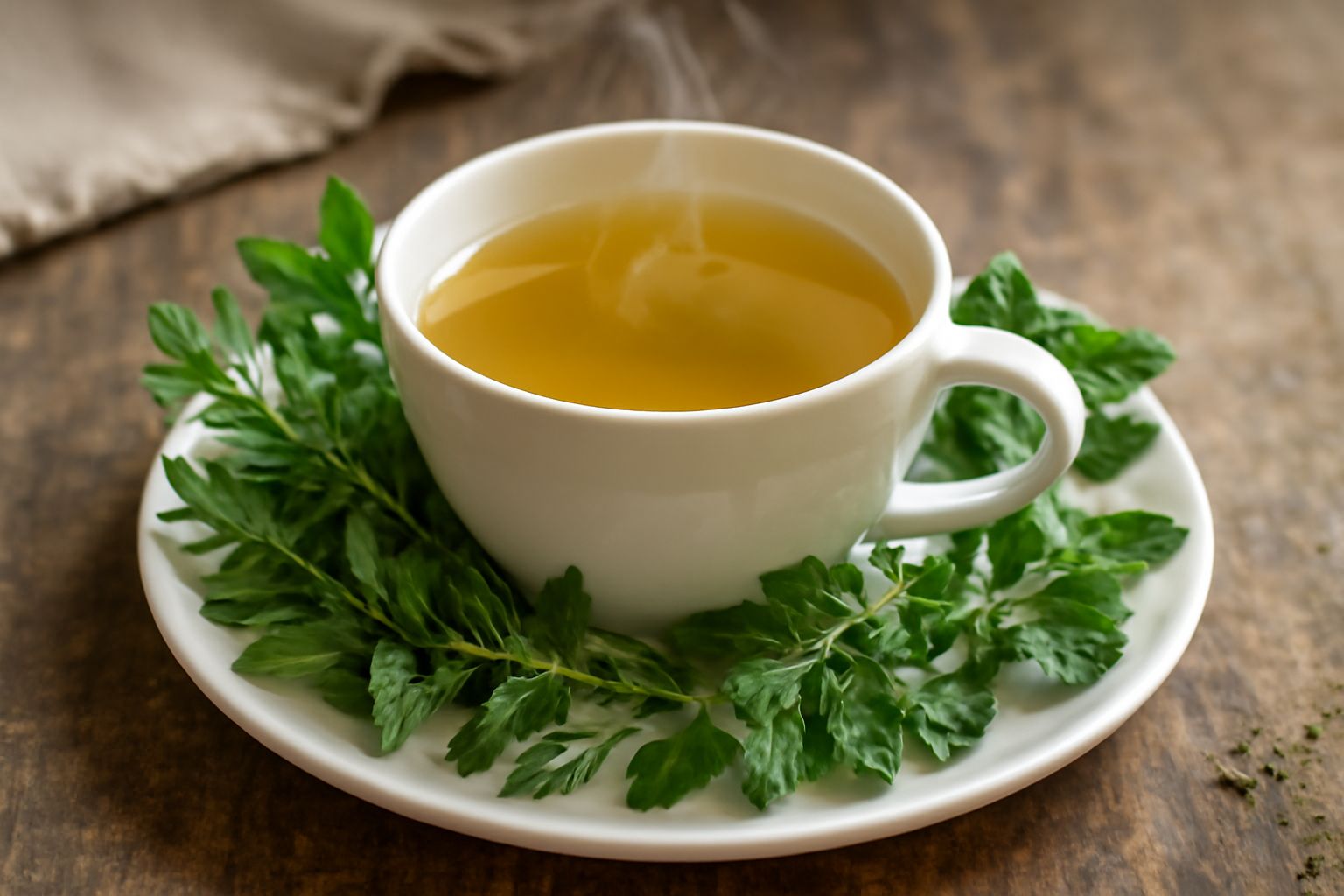 Tazza di vetro con tisana giallo chiaro e fumante, contornata da rametti freschi di menta verde, melissa e finocchio selvatico su un tavolo di marmo bianco
