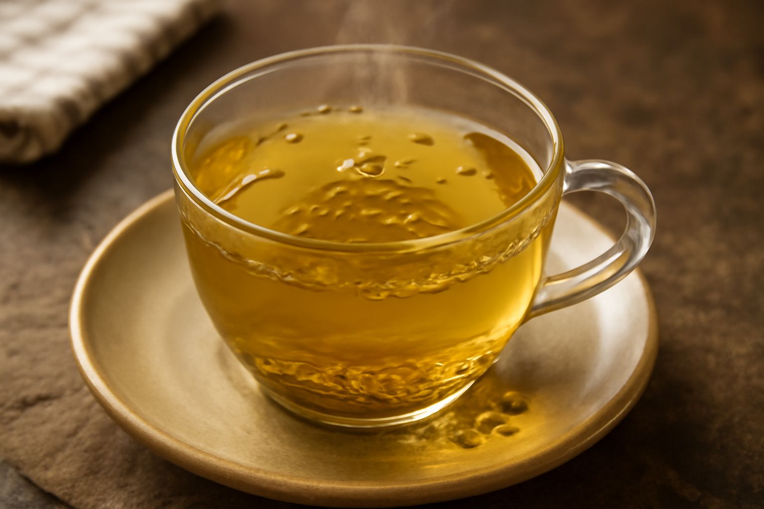 Tazza di ceramica bianca contenente tisana trasparente color giallo dorato con semi di finocchio visibili sul fondo, vapore leggero salire, cucchiaio di legno appoggiato al bordo, sottofondo con semi 