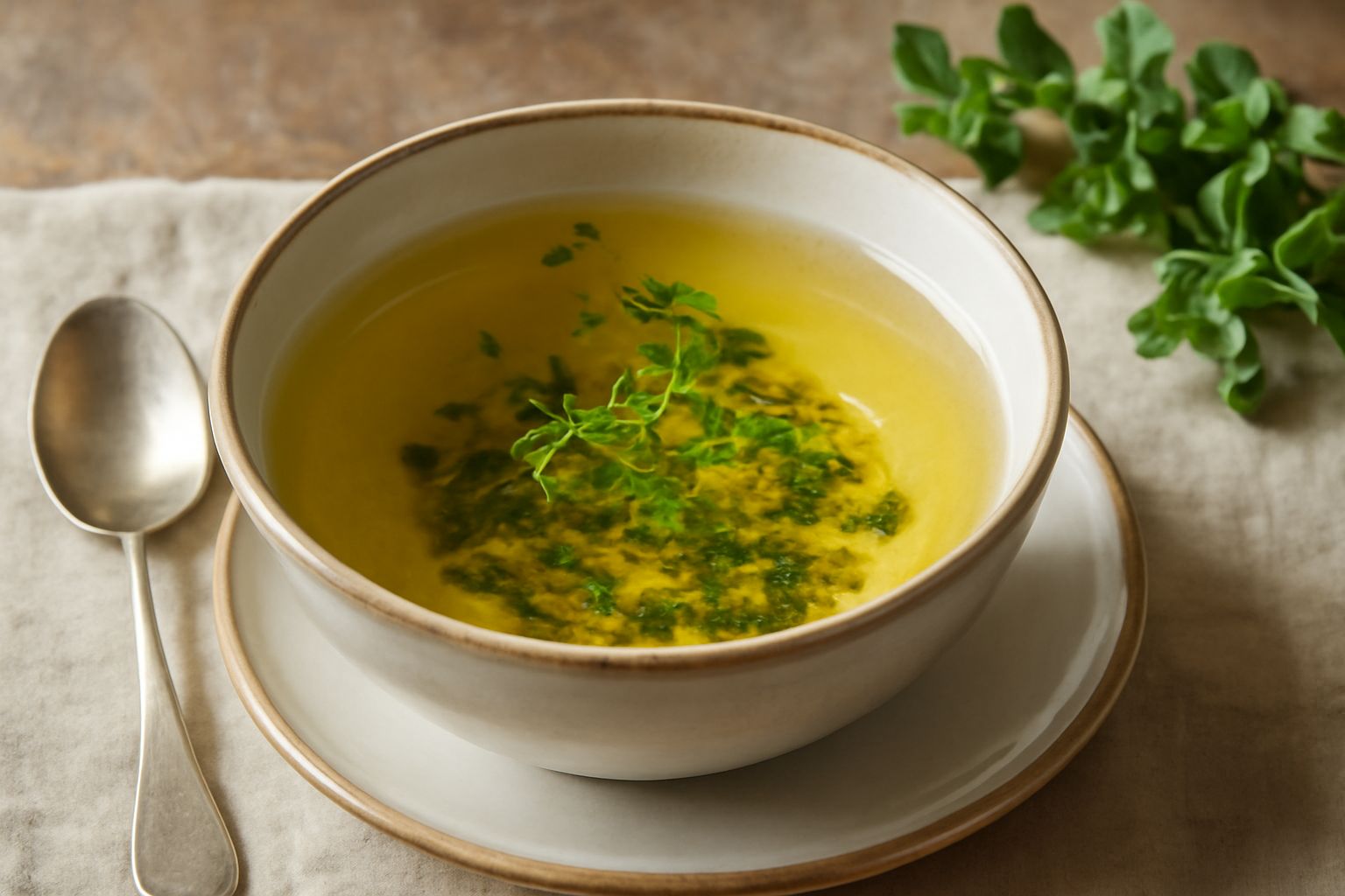 Tazza di vetro con tisana giallo paglierino trasparente, foglie di maggiorana fresche verdi accanto, piccolo ramo decorativo nel piattino bianco