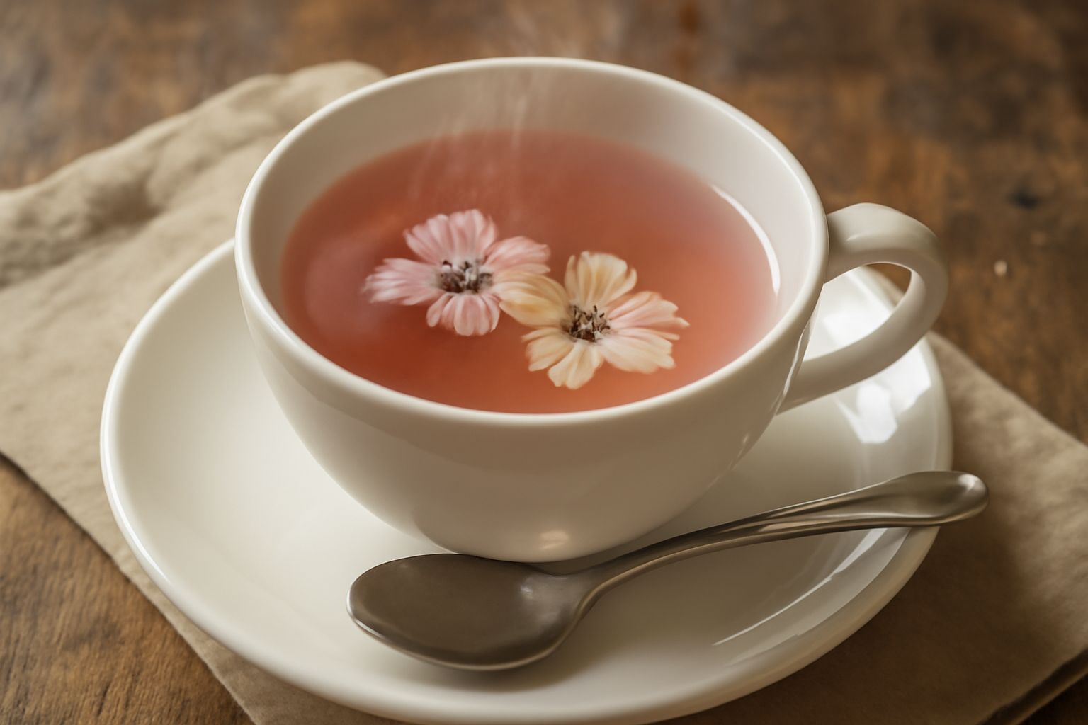 Tazza bianca con tisana di malva color rosa pallido, con un fiore di malva fresco appoggiato sul piattino accanto, su fondo di legno chiaro con un cucchiaio di legno