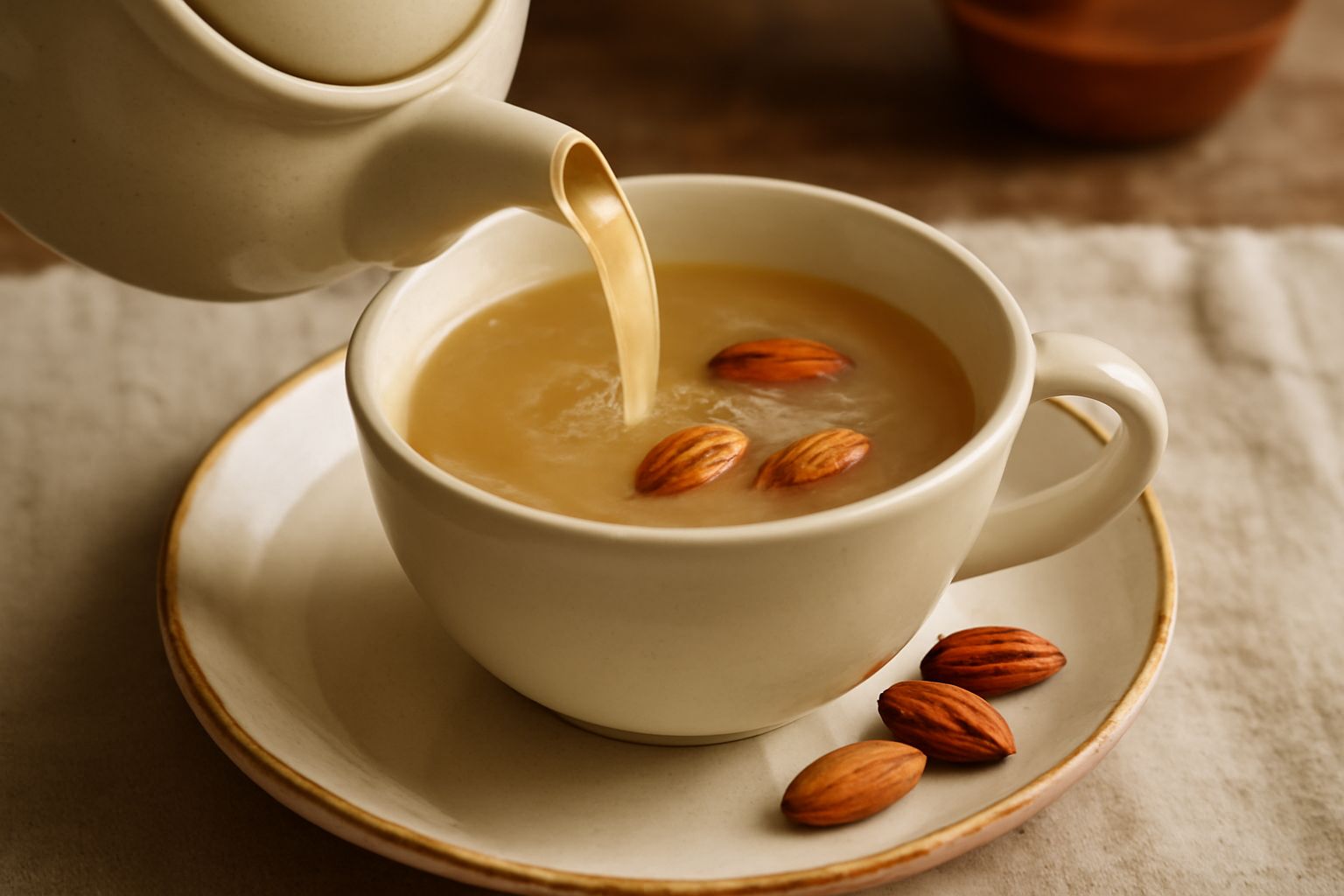 Una tazza bianca di ceramica contiene tisana di mandorla color beige chiaro, con mandorle intere sparse sul piattino accanto, vapore leggero che sale dalla bevanda, su un tavolo di legno con un cucchi