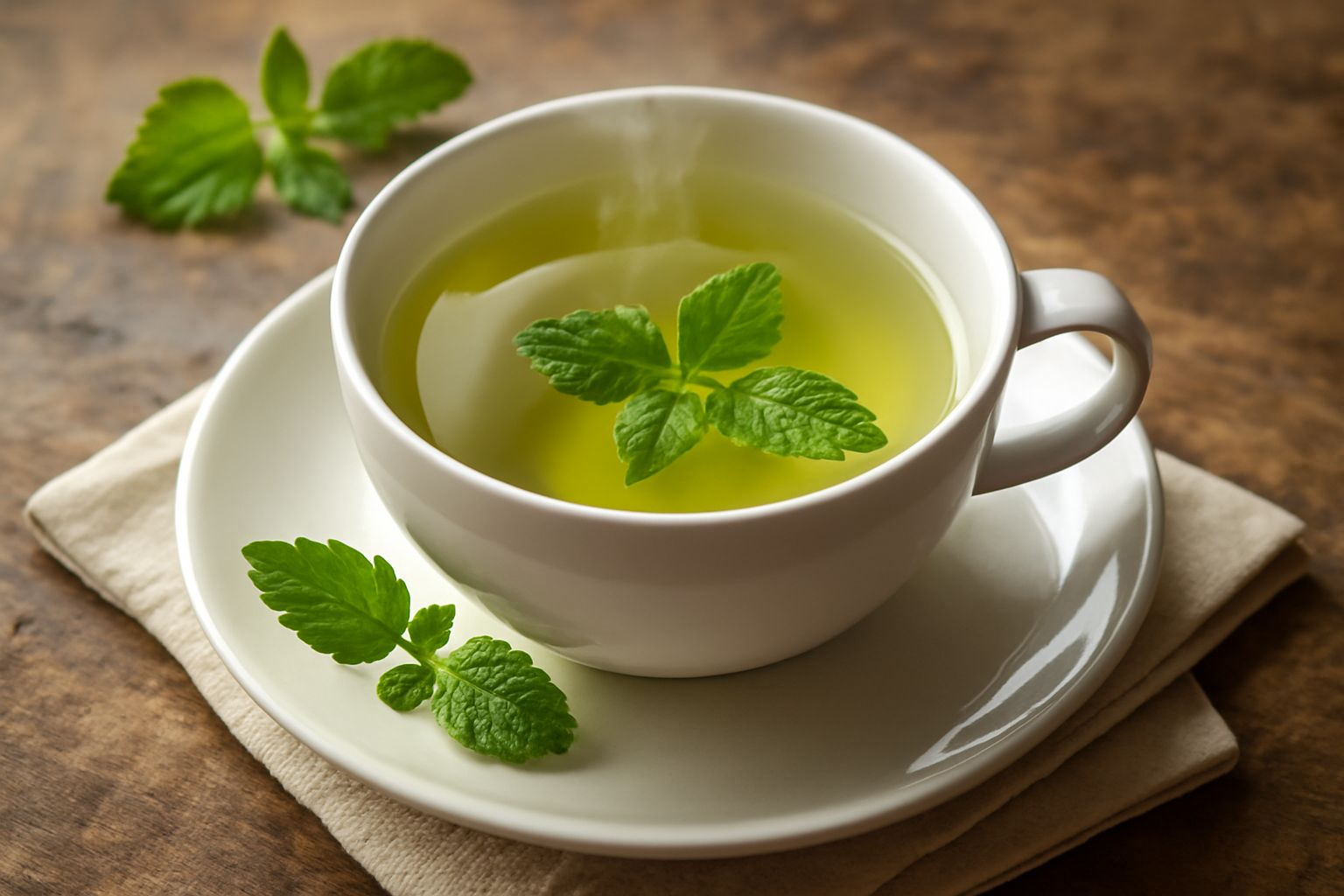 Tazza bianca con tisana di melissa di colore giallo paglierino trasparente, foglie di melissa verde fresche accanto sul piatto, vapore appena visibile