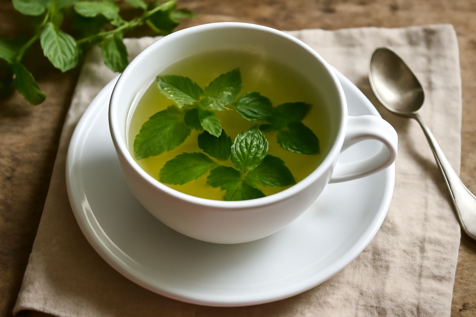 Tazza di vetro trasparente con tisana di menta color verde chiaro, foglie di menta fresca poggiate sul piattino bianco, vapore leggero che sale dalla bevanda